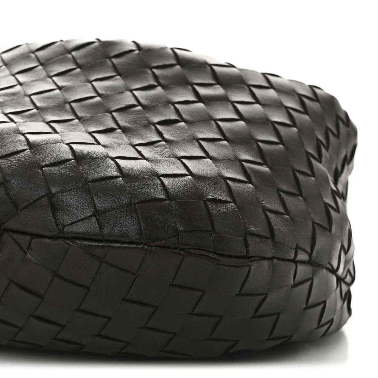 Woven leather intrecciato on dark hobo bag with tight square pattern