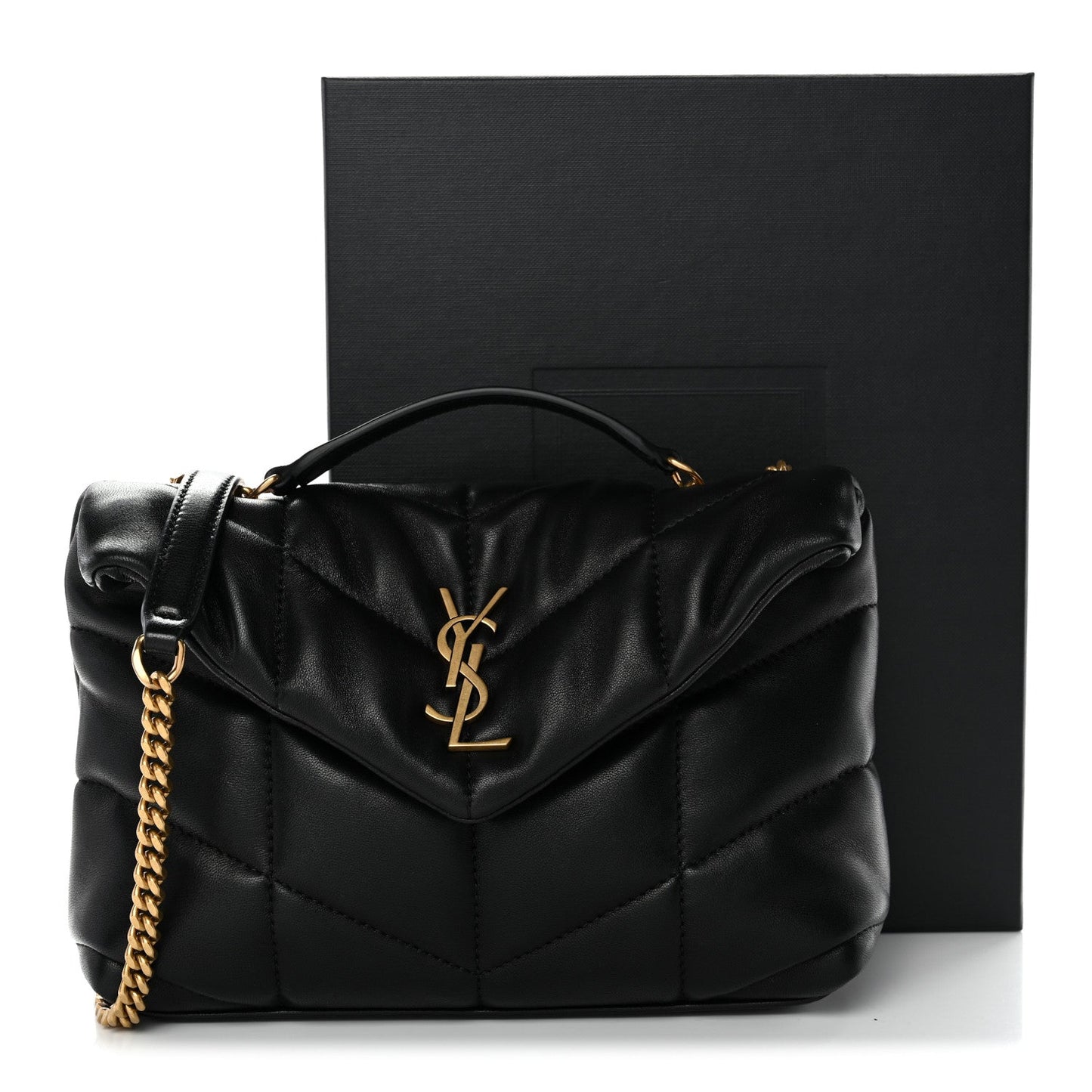 Black quilted lambskin puffer satchel with gold chain strap and YSL monogram on flap