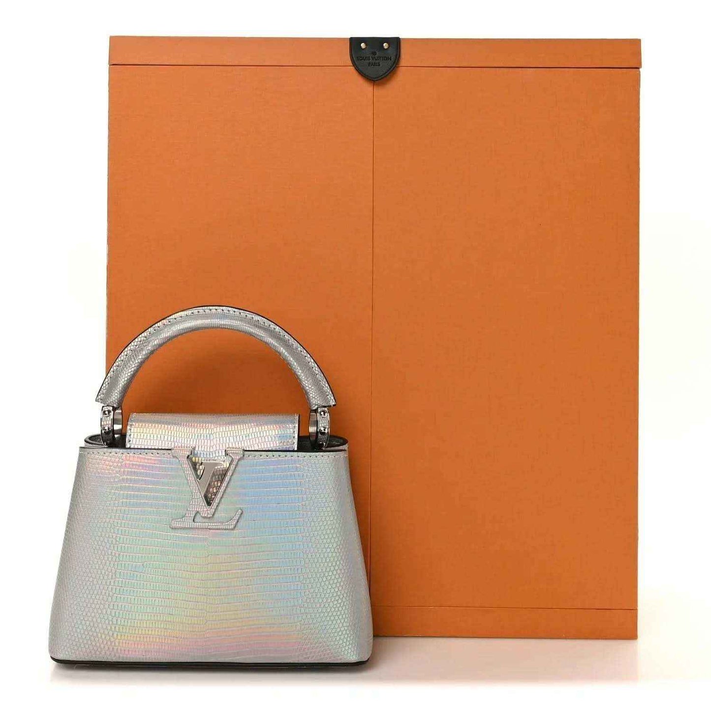 Iridescent lizard mini handbag with top handles and LV emblem, on gift box