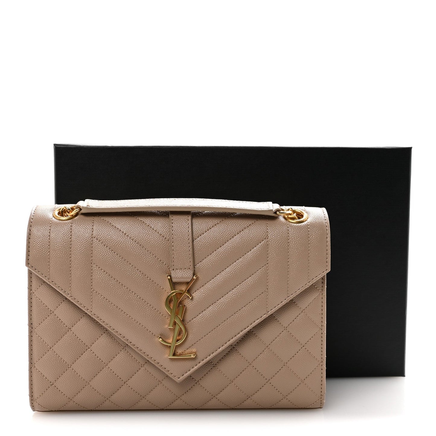 Dark beige medium quilted satchel with gold-tone chain strap and YSL monogram clasp; gift box shown.