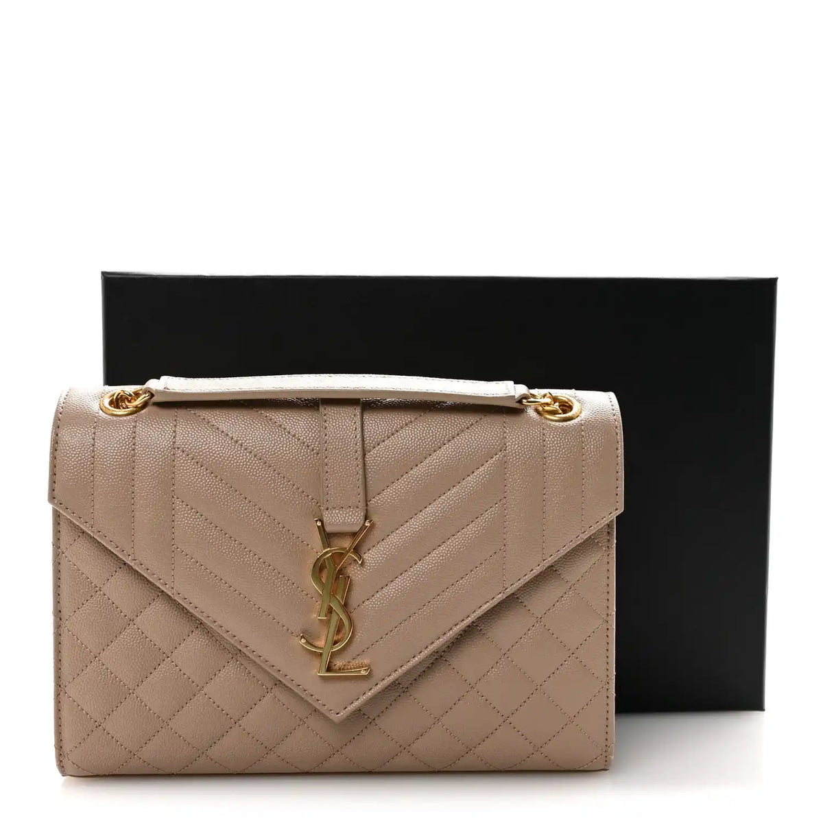 Dark beige medium quilted satchel with gold-tone chain strap and YSL monogram clasp; gift box shown.
