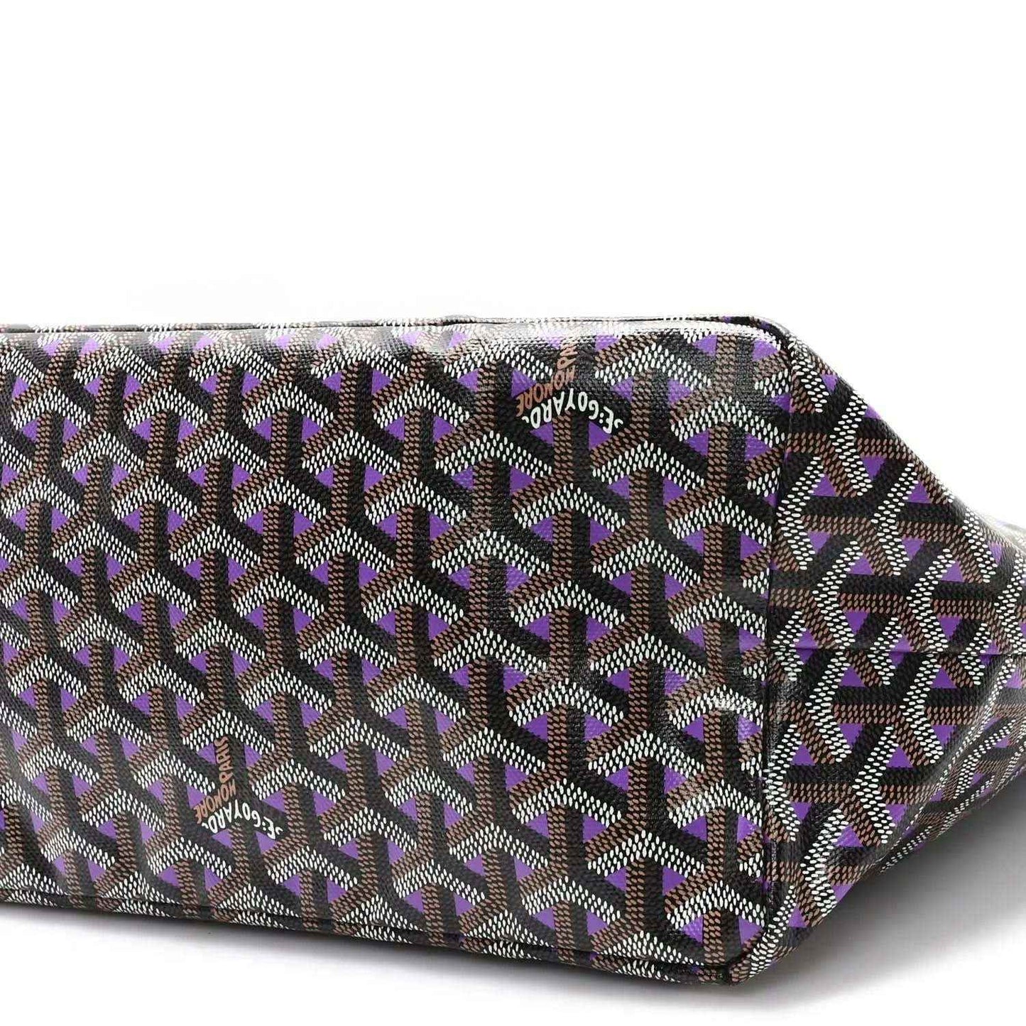 Tote bag with black and violet geometric patterned canvas, zipper top edge.