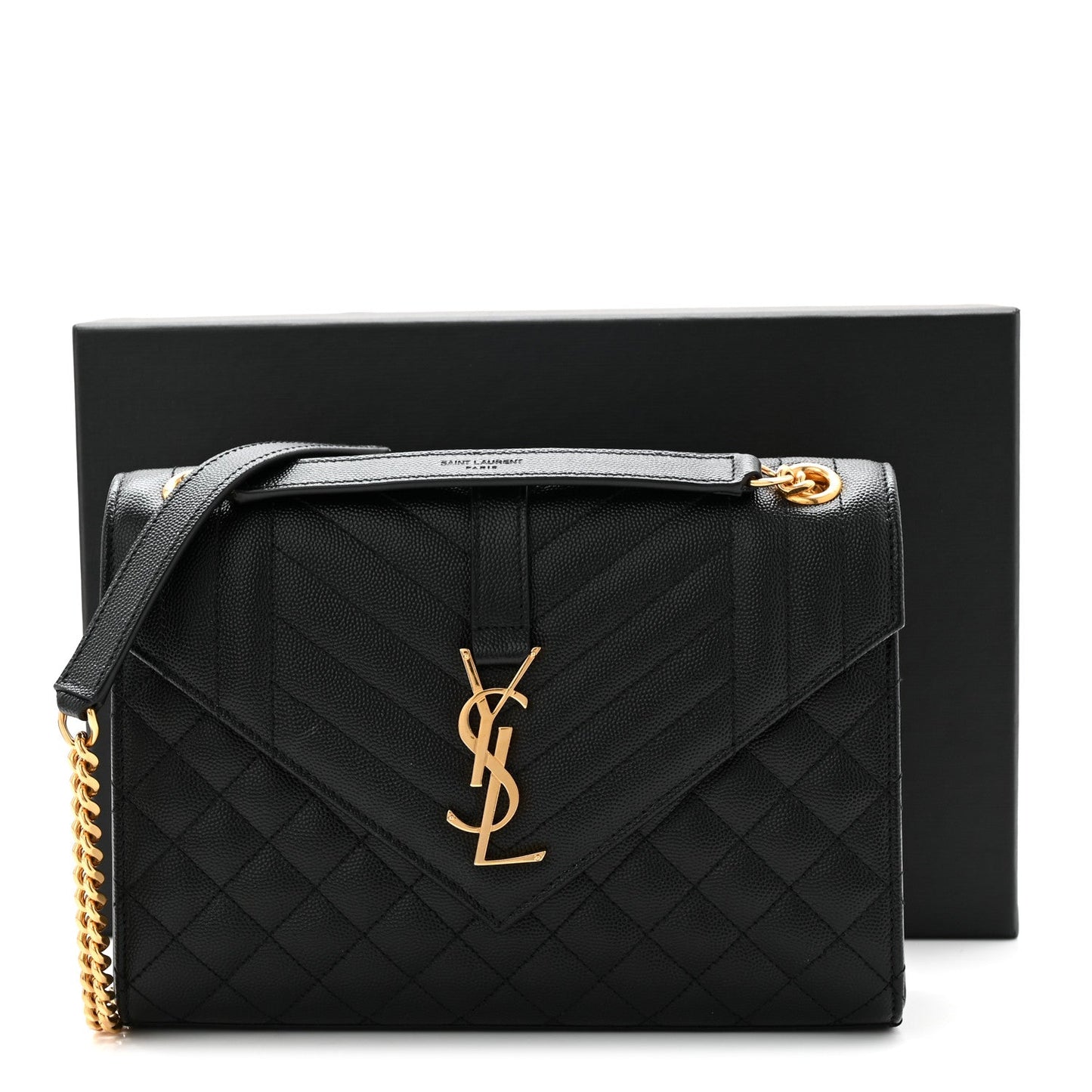 Black quilted satchel bag with gold YSL monogram, shoulder chain, and top flap