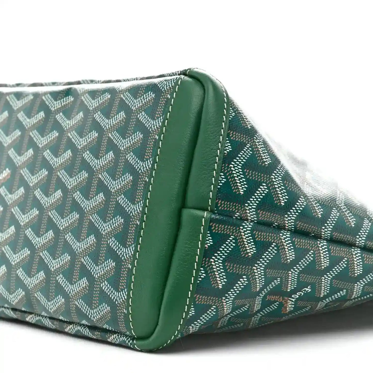 Goyard Artois PM tote bag corner detail with green piping and patterned canvas