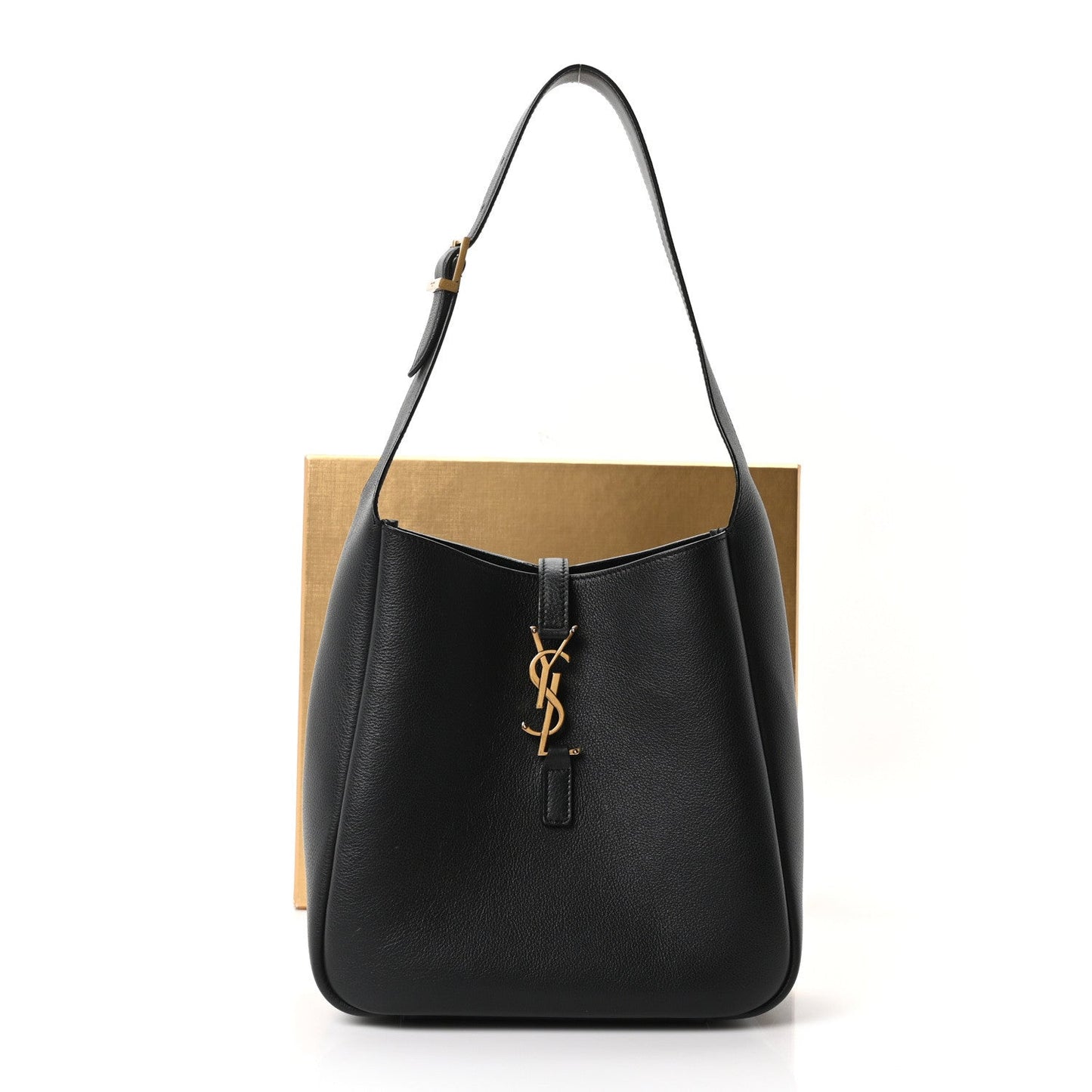 Black smooth calfskin hobo bag with gold YSL logo charm and top strap handles