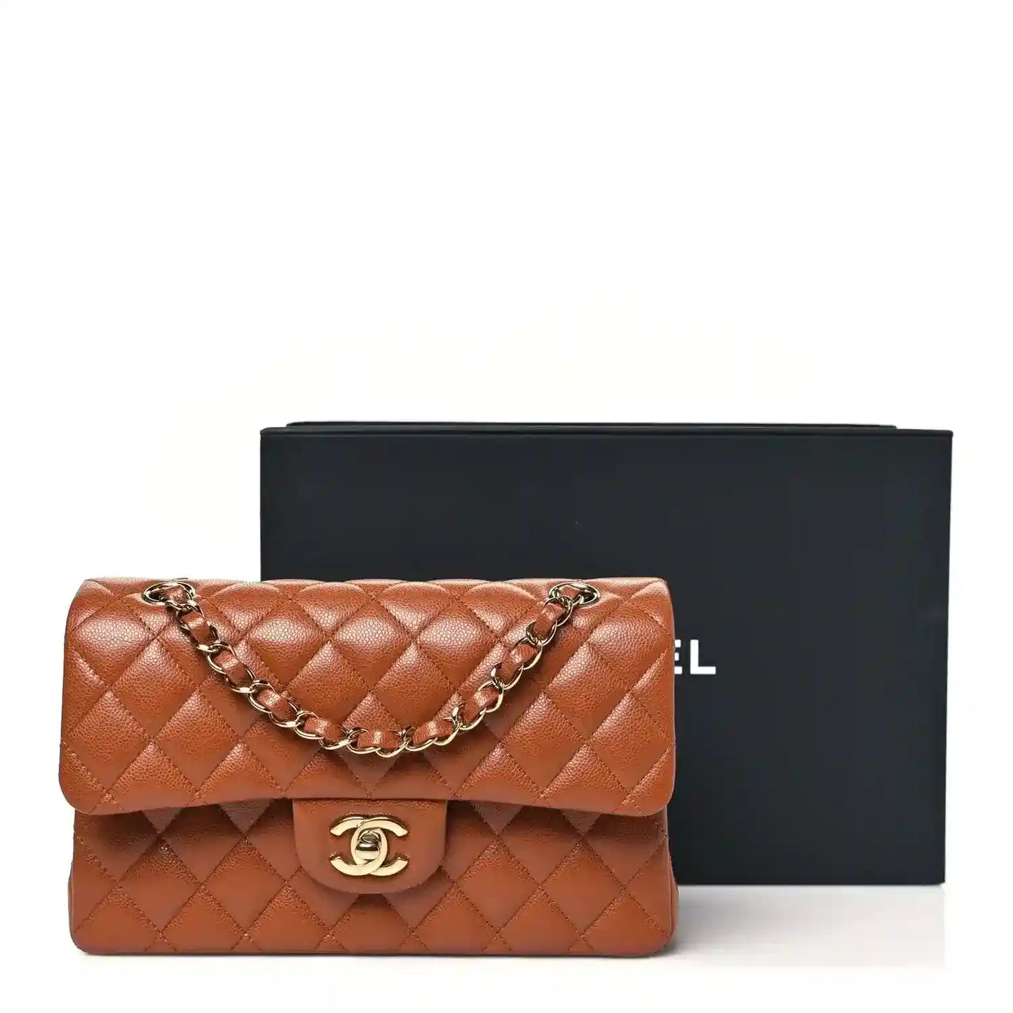 Chanel small double flap bag, caramel quilted caviar leather with chain strap and CC logo