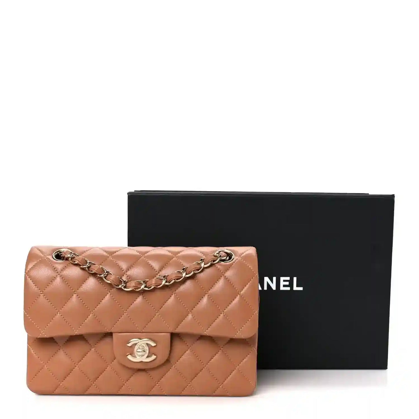 Brown quilted lambskin small double flap shoulder bag with chain strap and logo clasp