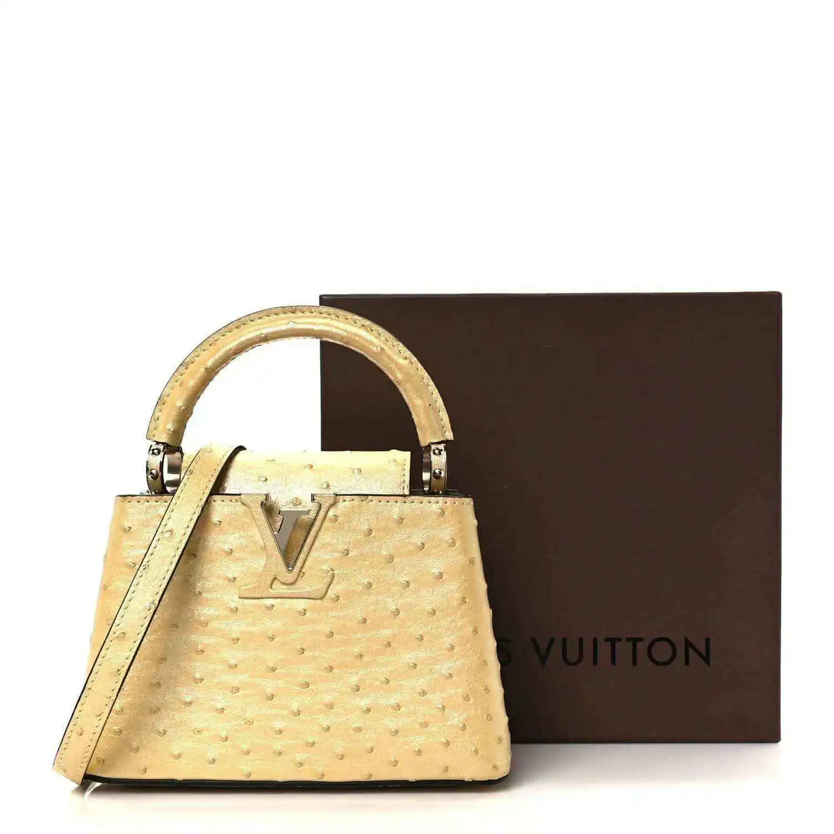 Yellow mini top-handle bag with LV logo and dust bag