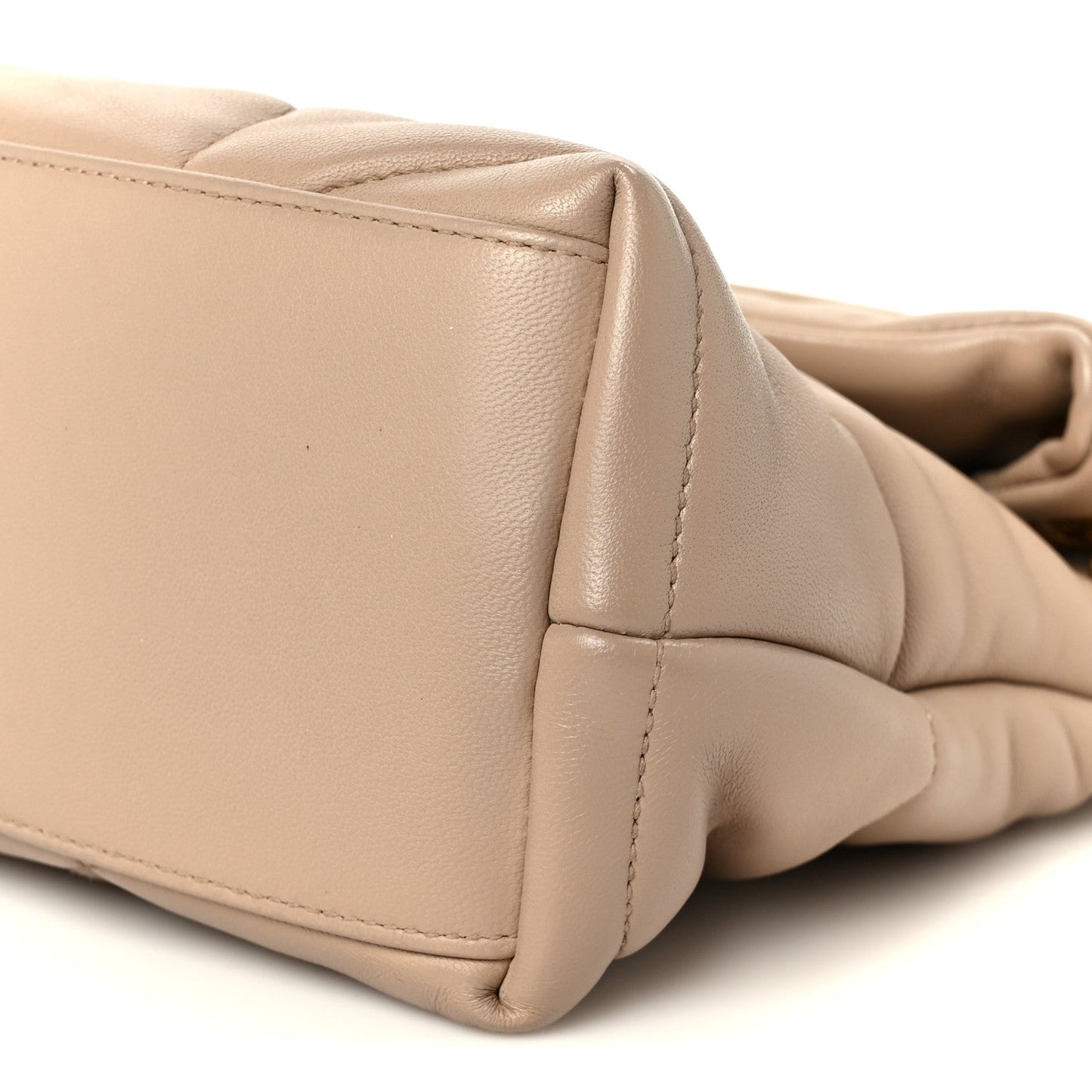 Saint Laurent Loulou small chain puffer satchel in dark beige leather, quilted side view