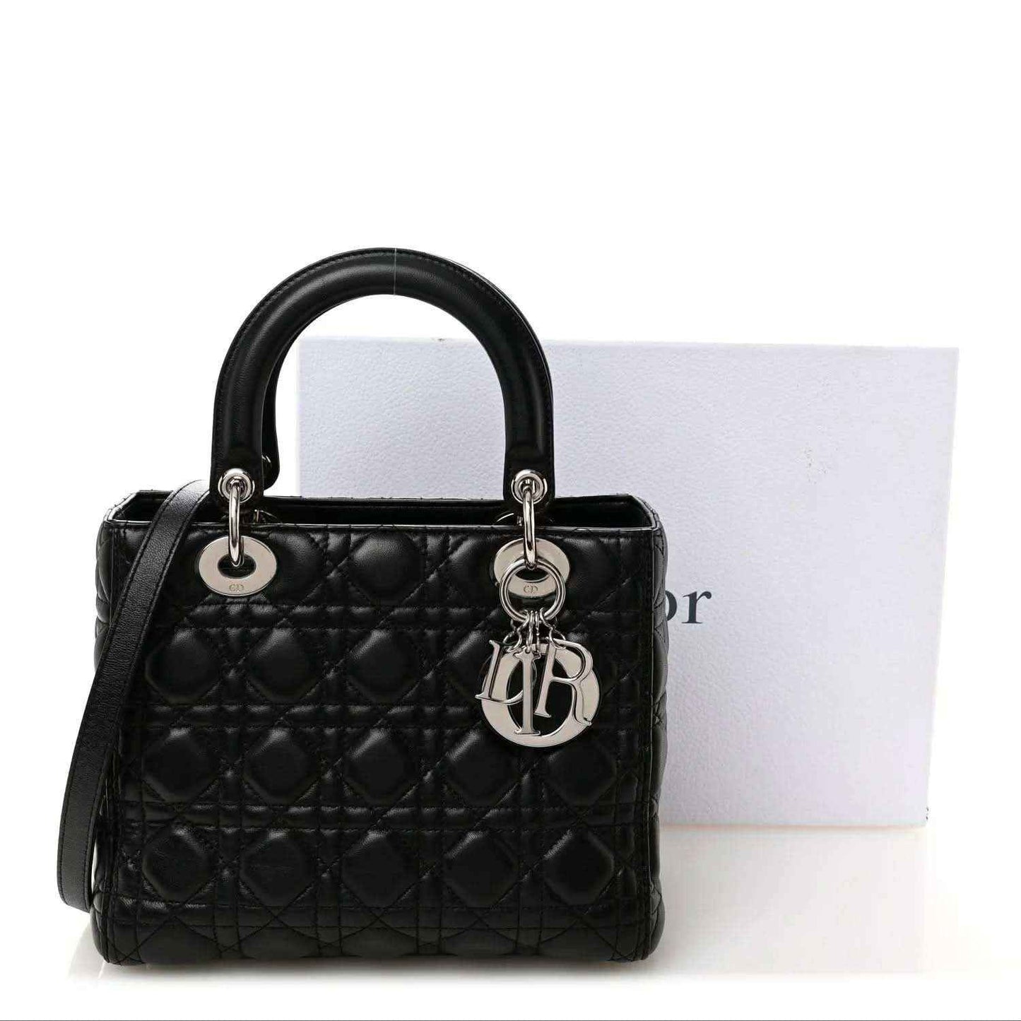 Black Lady Dior style handbag with quilted cannage pattern and dual top handles