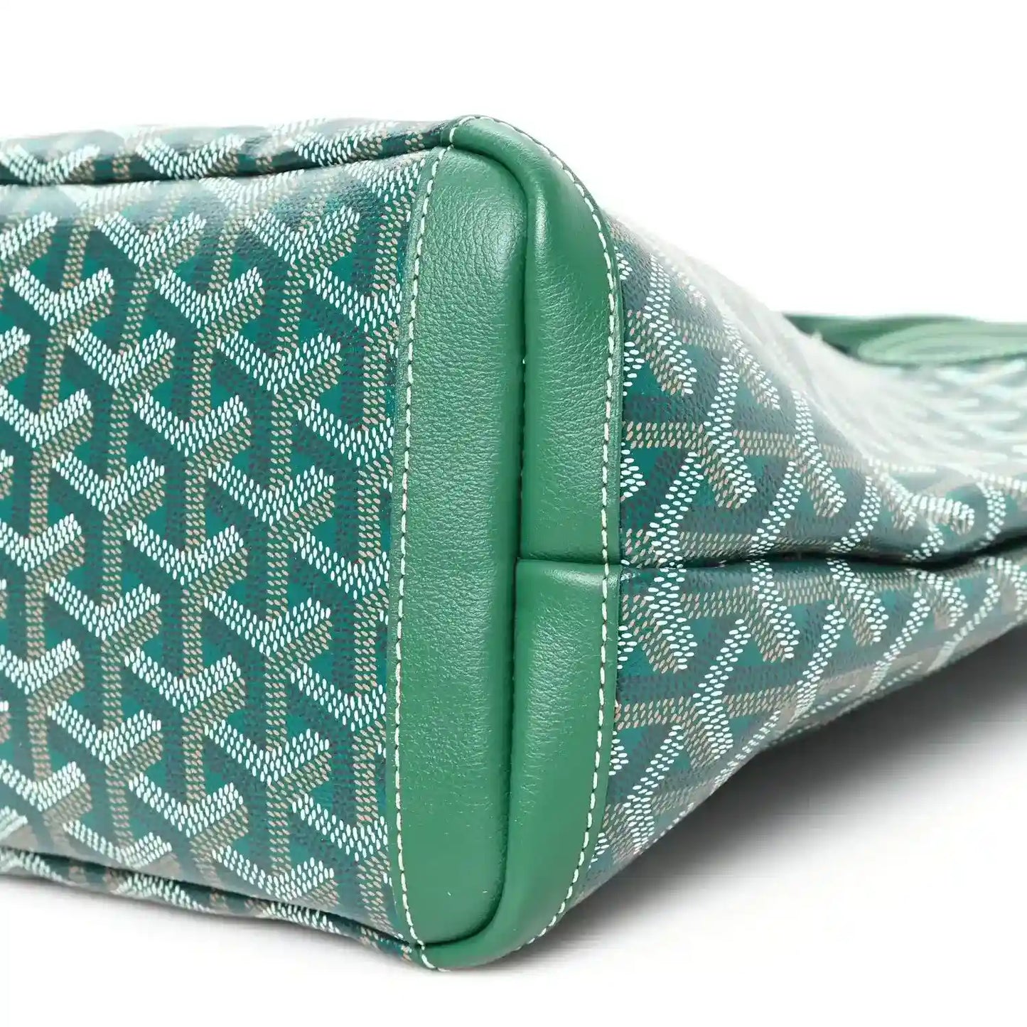 Green Goyardine Artois PM tote bag, corner close-up with contrast stitching on edge trim