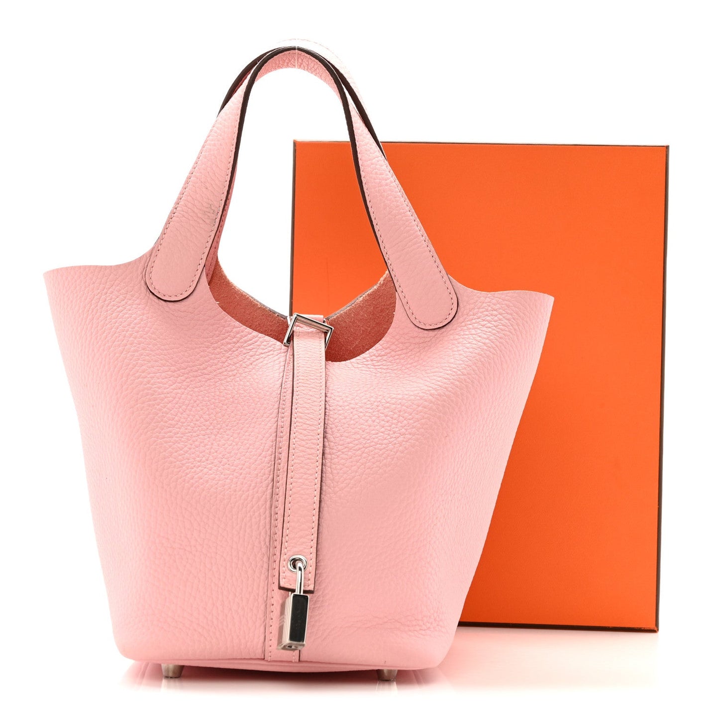 Rose pink leather tote handbag with top handles and front lock clasp