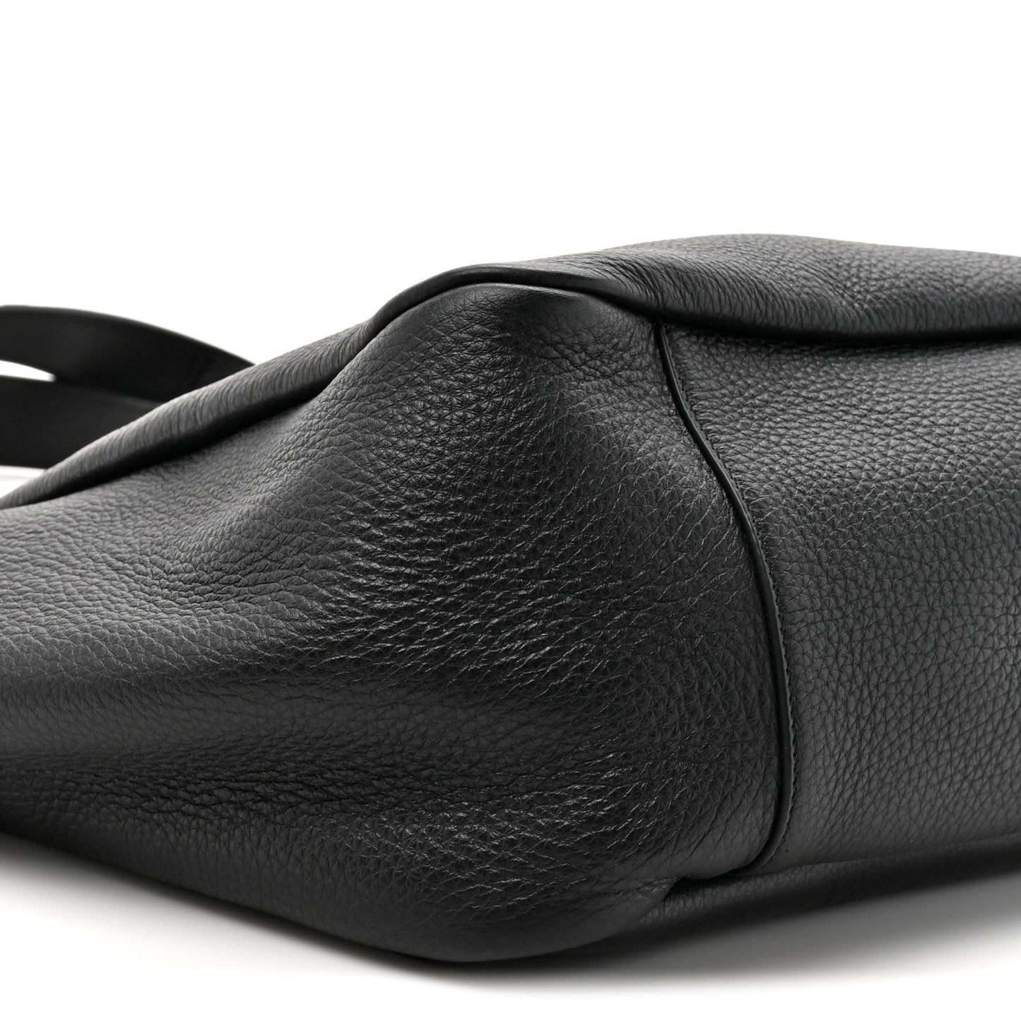 Black grained deerskin Bea tote close-up of textured leather and side panel seam