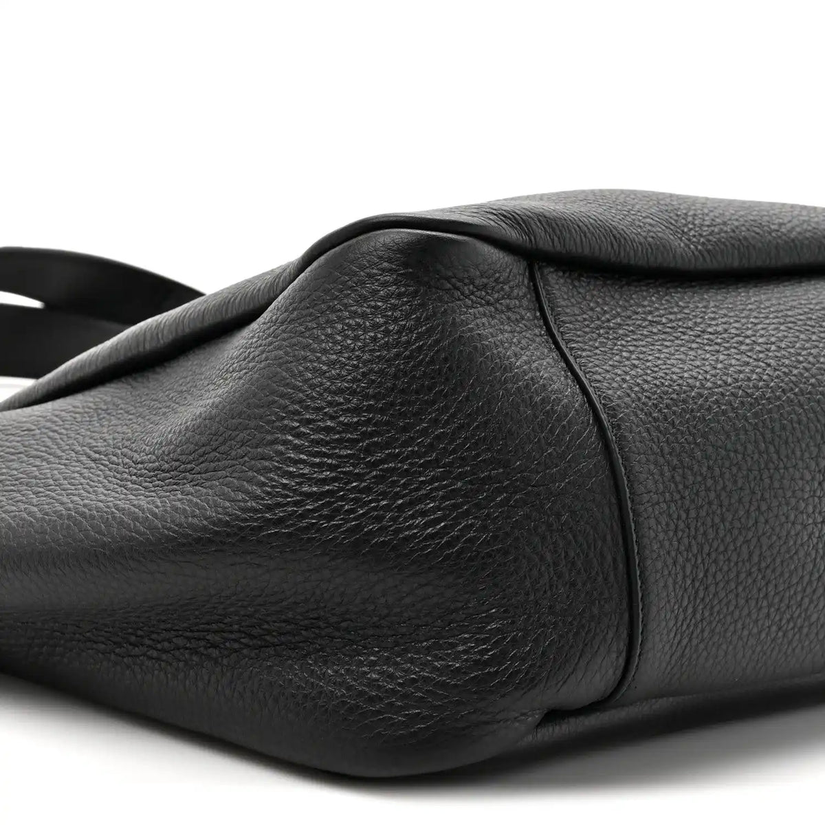 Black grained deerskin Bea tote close-up of textured leather and side panel seam