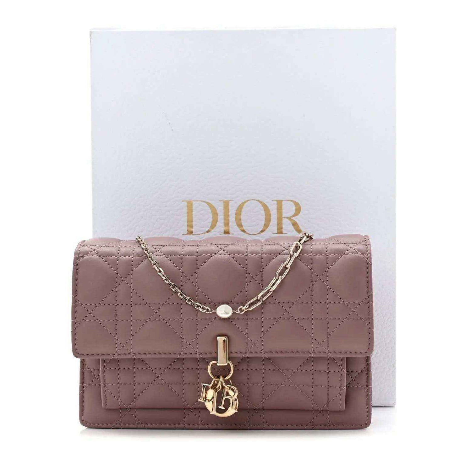 Purple quilted leather Lady Dior chain pouch bag with gold-tone hardware and dust bag