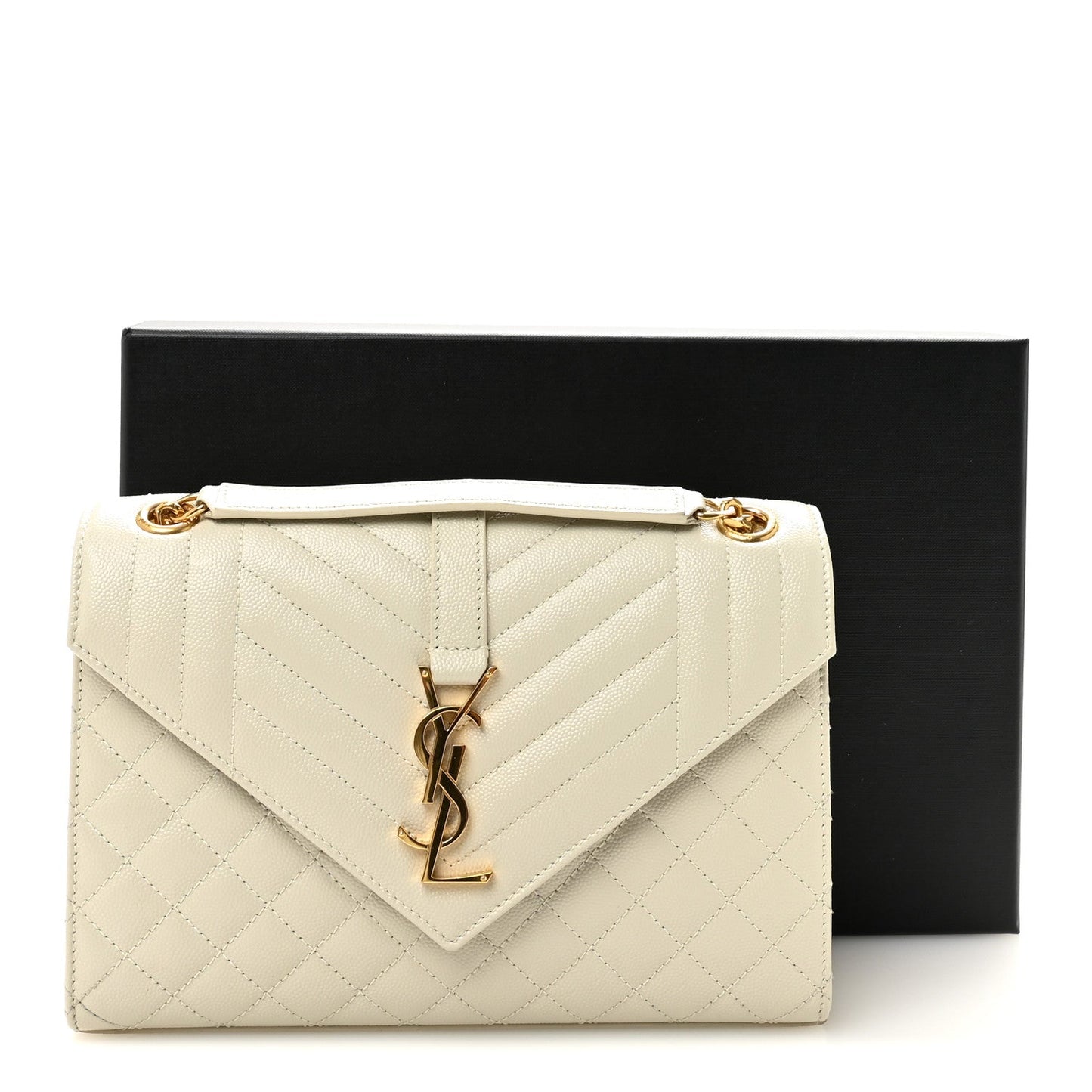 Cream quilted satchel with front monogram latch and gold chain shoulder strap