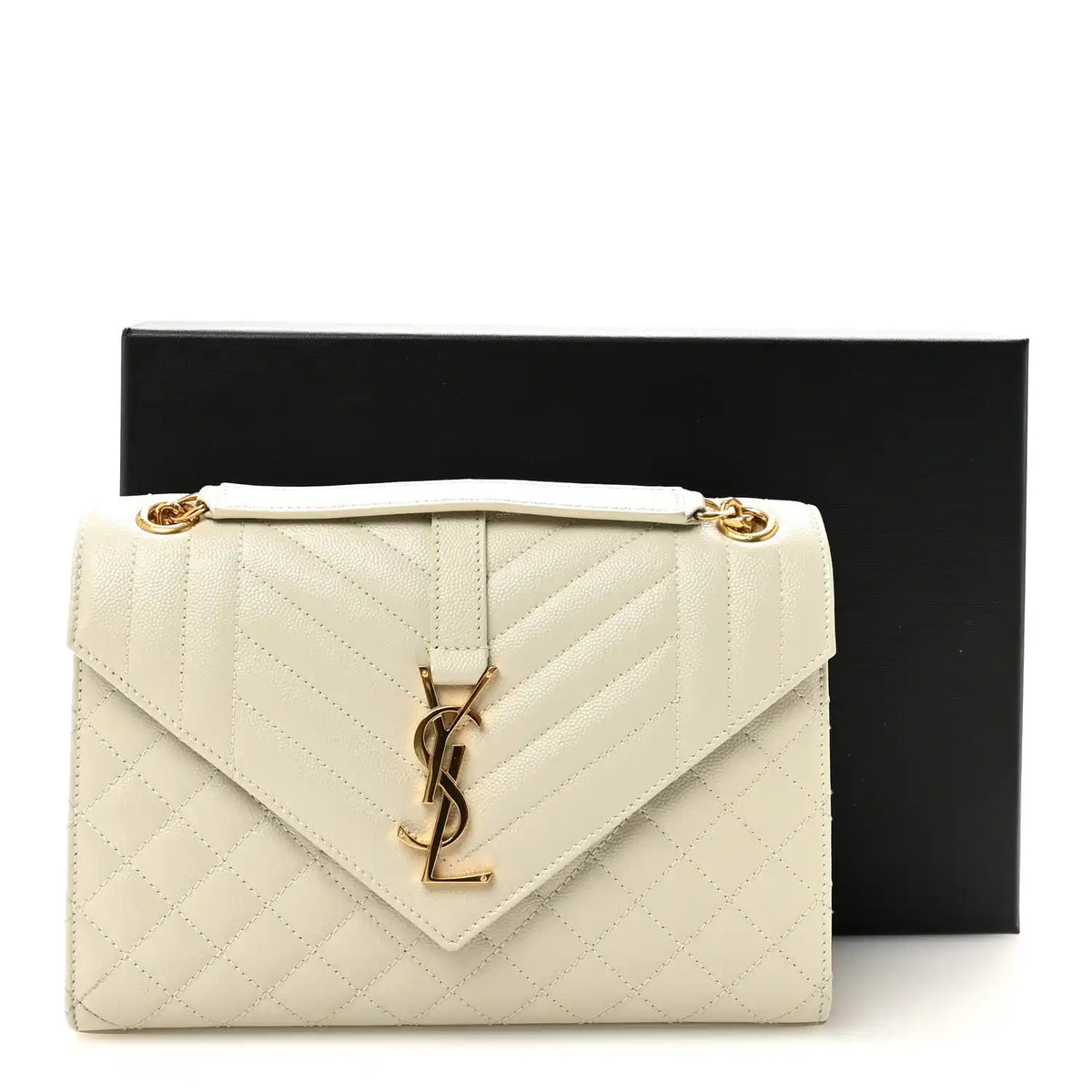 Cream quilted satchel with front monogram latch and gold chain shoulder strap