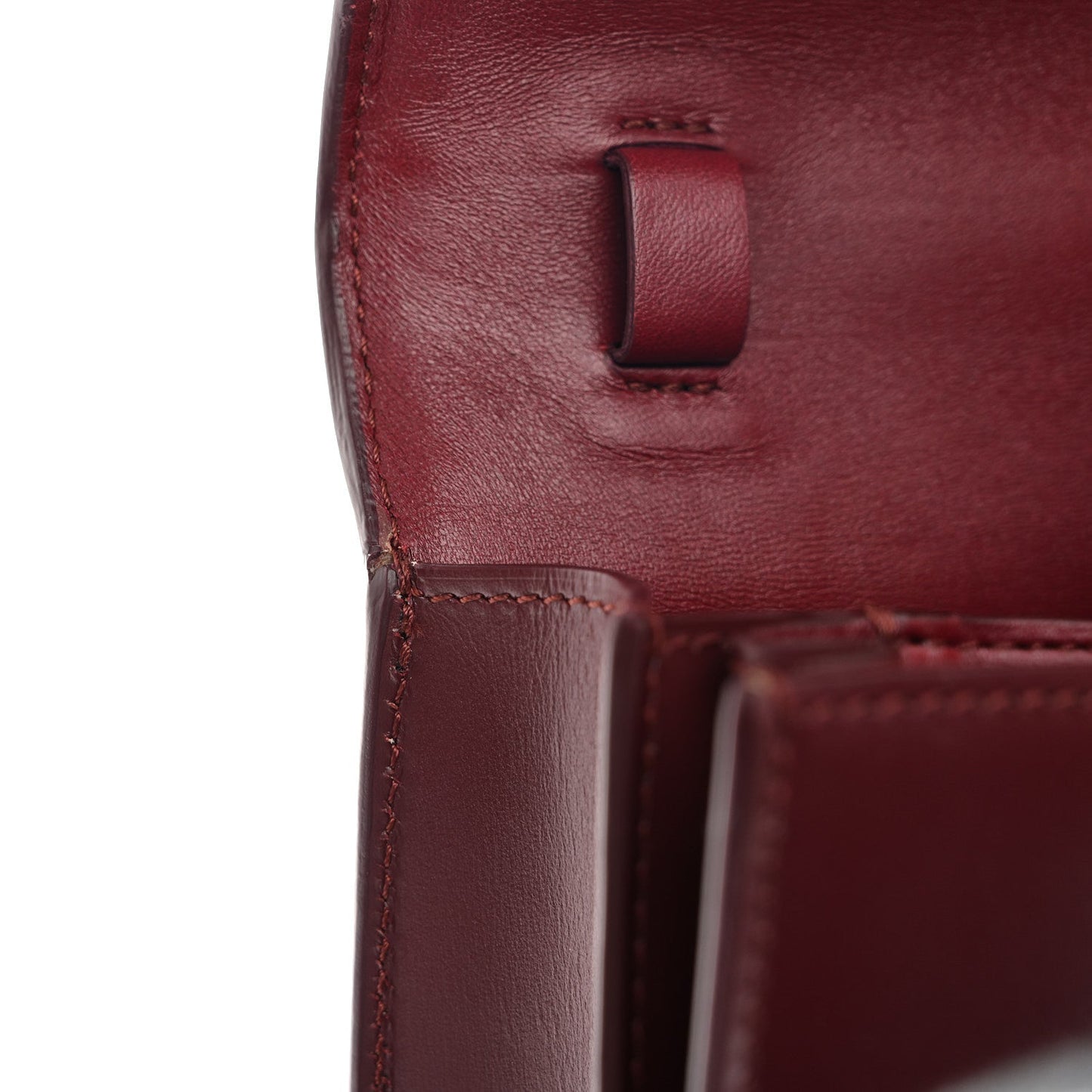 Celine burgundy leather flap hinge and stitched tab detail on box bag