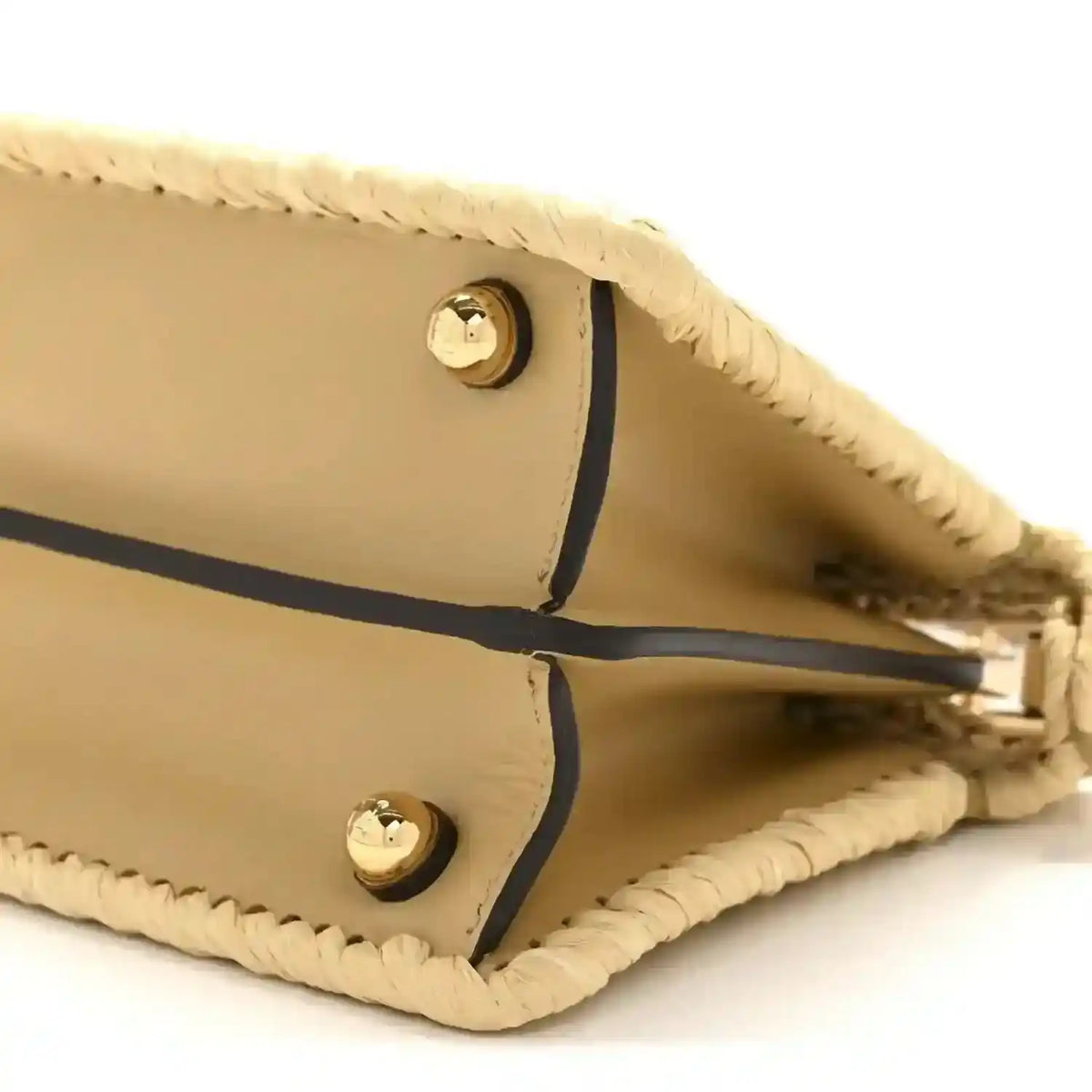 Petite raffia satchel bag open top close-up with tan lining and gold hardware.