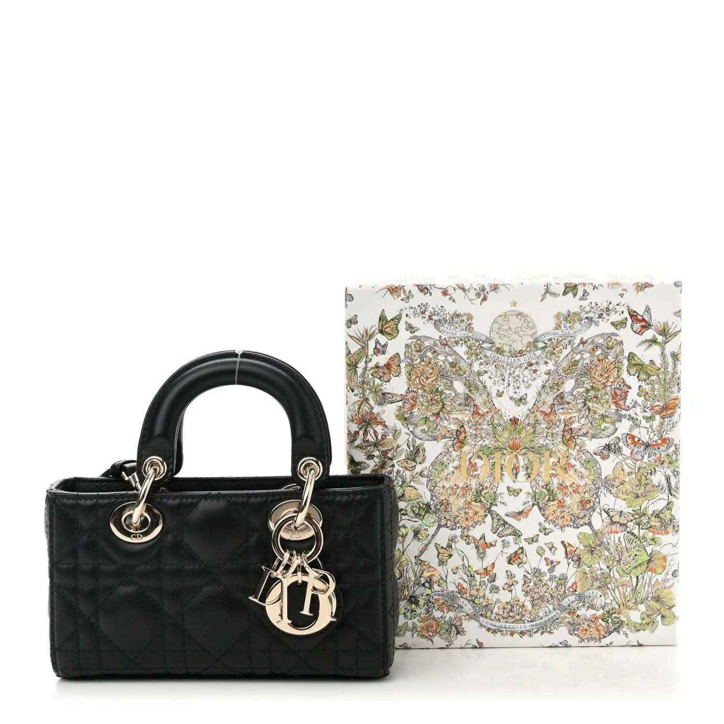 Black lambskin micro handbag with top handles and gold Lady D-Joy charm