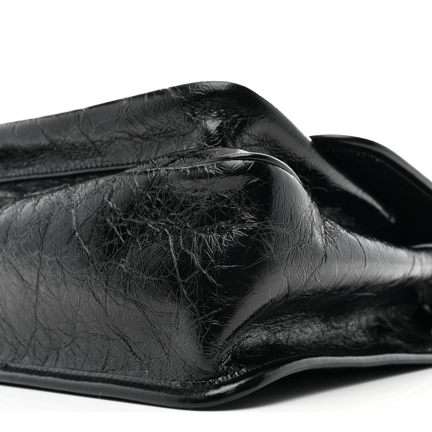 Black crinkled calfskin medium chain satchel with curved flap and top edge