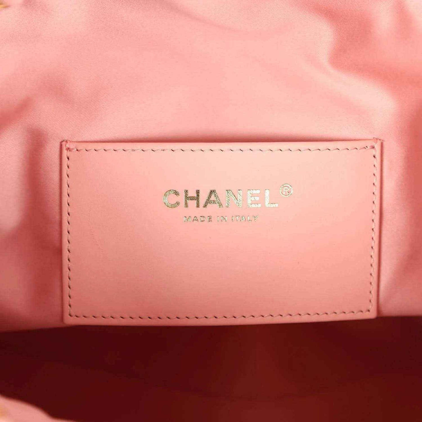 Light pink leather interior label with CHANEL logo on hobo bag