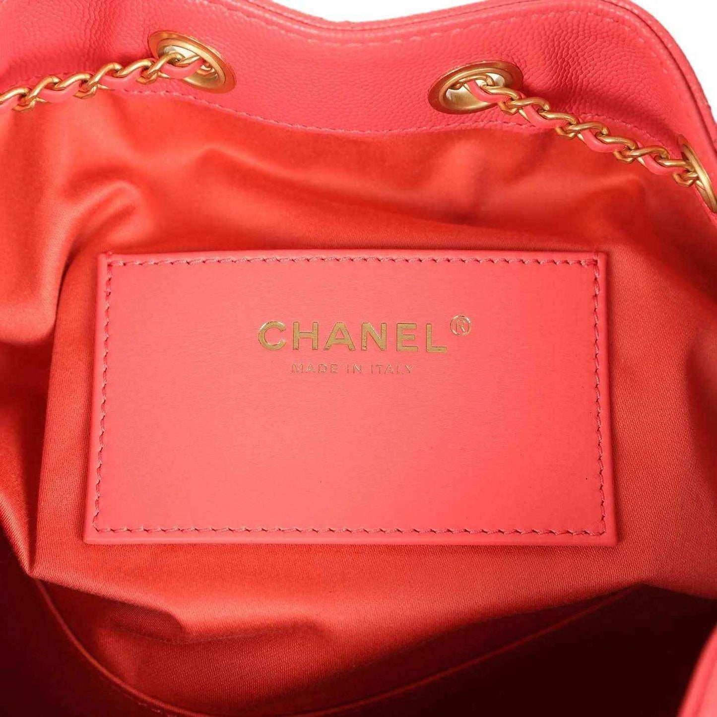 Chanel Small 25 hobo bag interior logo patch on coral pink leather lining