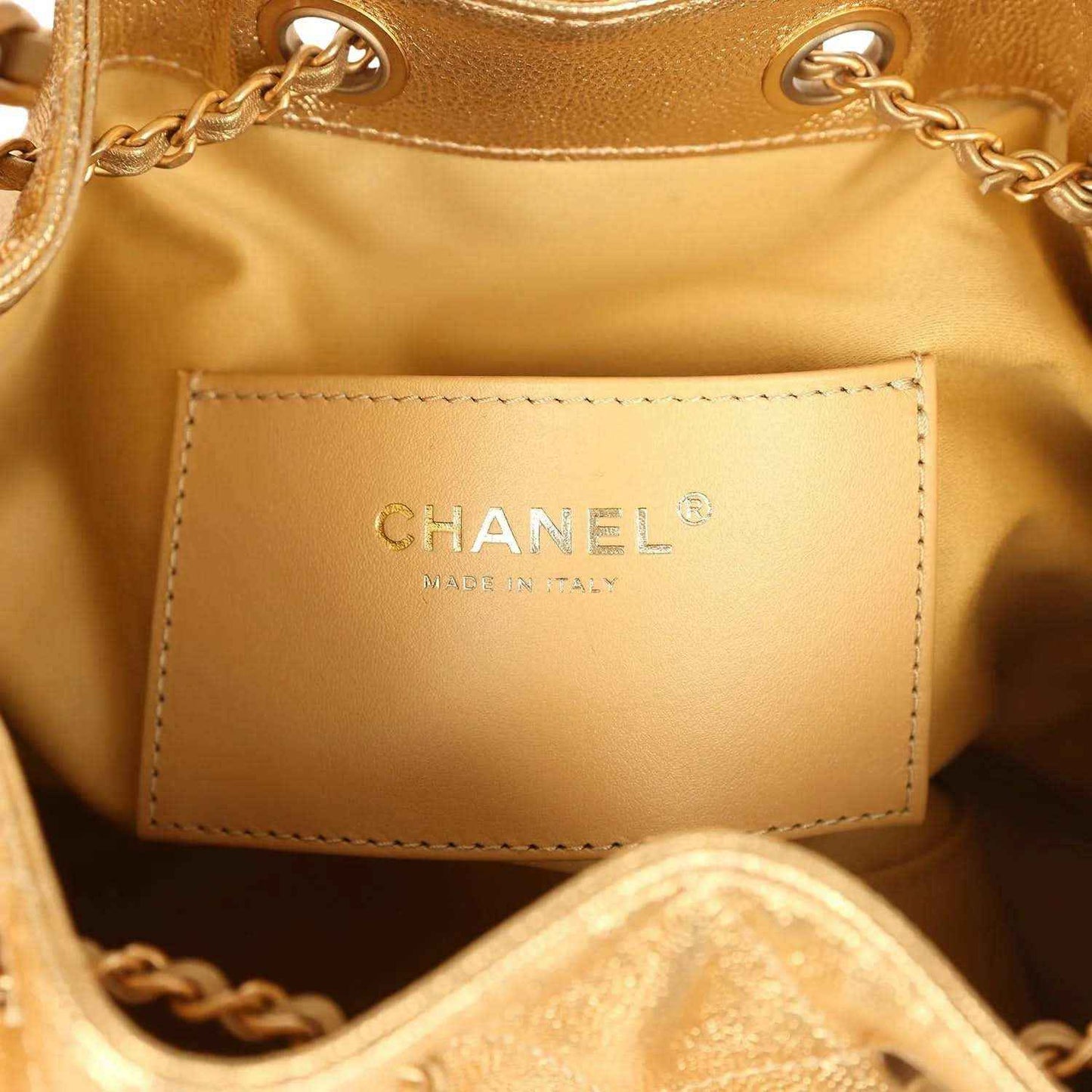 Hobo bag interior label patch with Chanel logo and chain links
