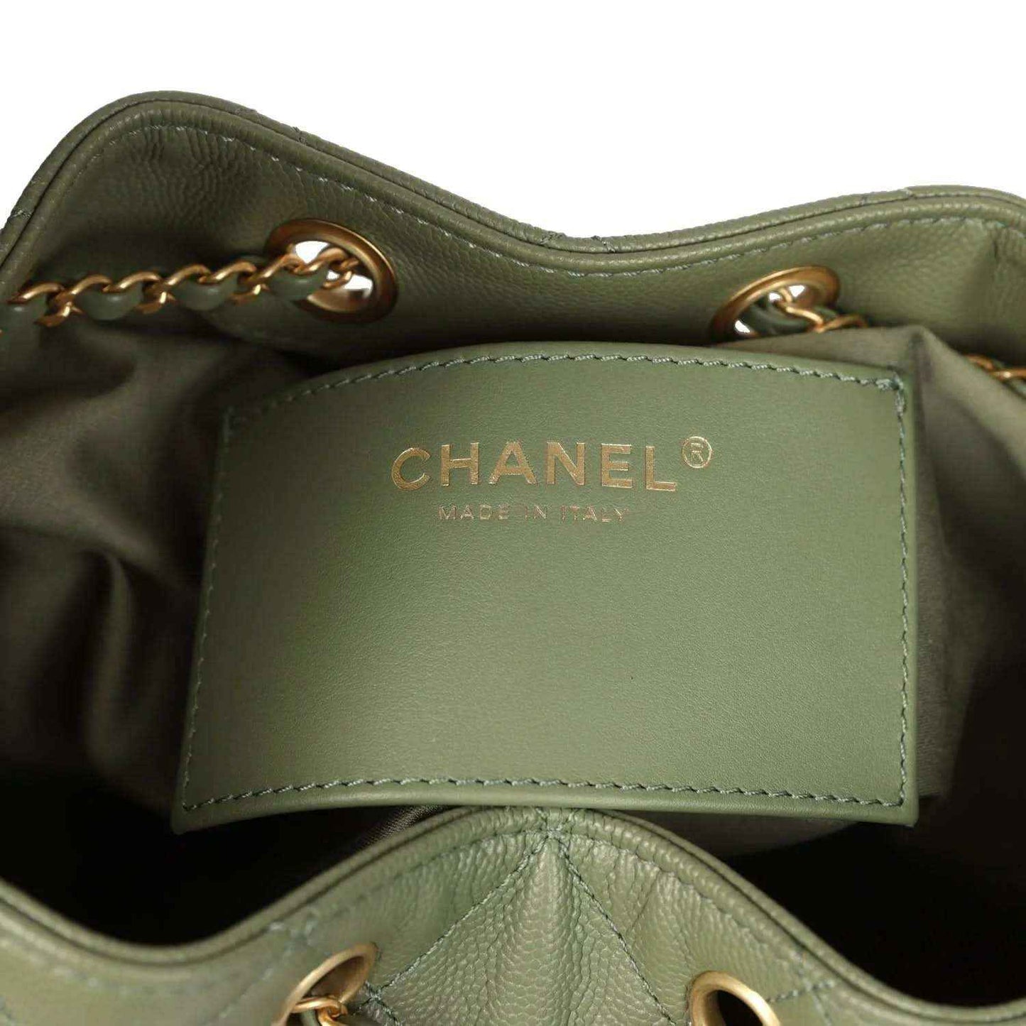 Chanel fabric label inside olive green hobo bag with gold chain hardware