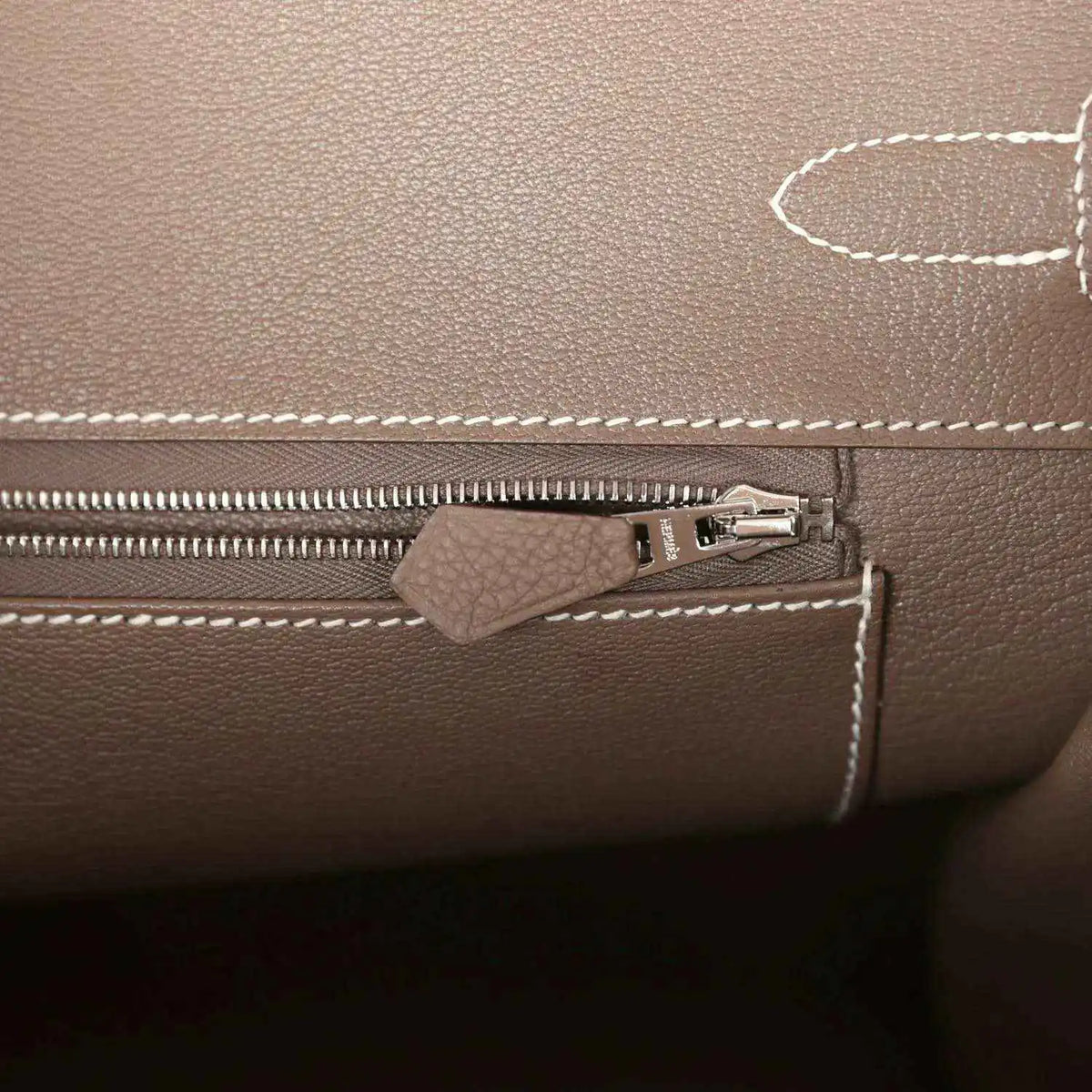 Hermes Birkin 35 taupe Togo leather interior with zip track and small leather zipper pull