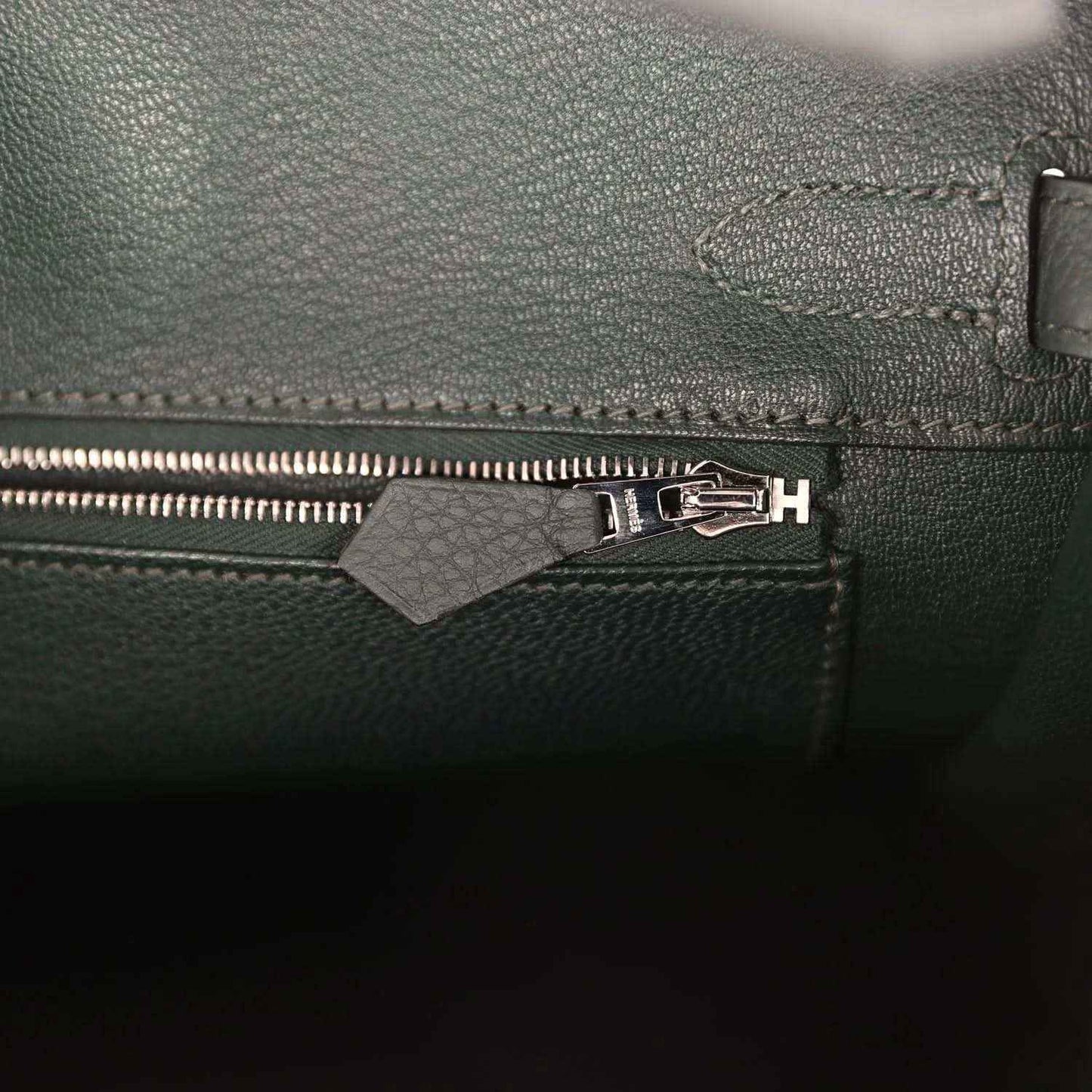 Hermes Birkin 30 interior zipper pocket with dark green leather tab and metal pull