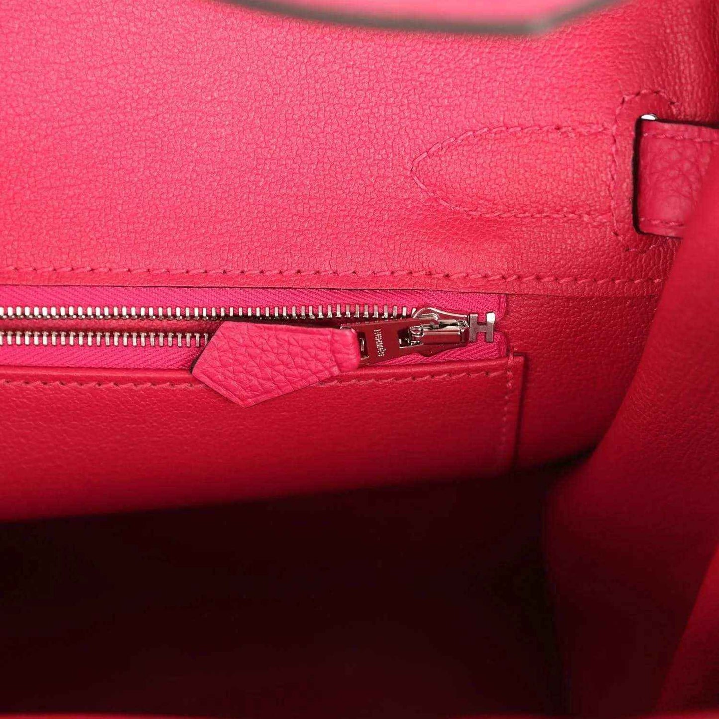Hermes Birkin 30 leather handbag zip pocket detail in rose pink with metal zipper pull