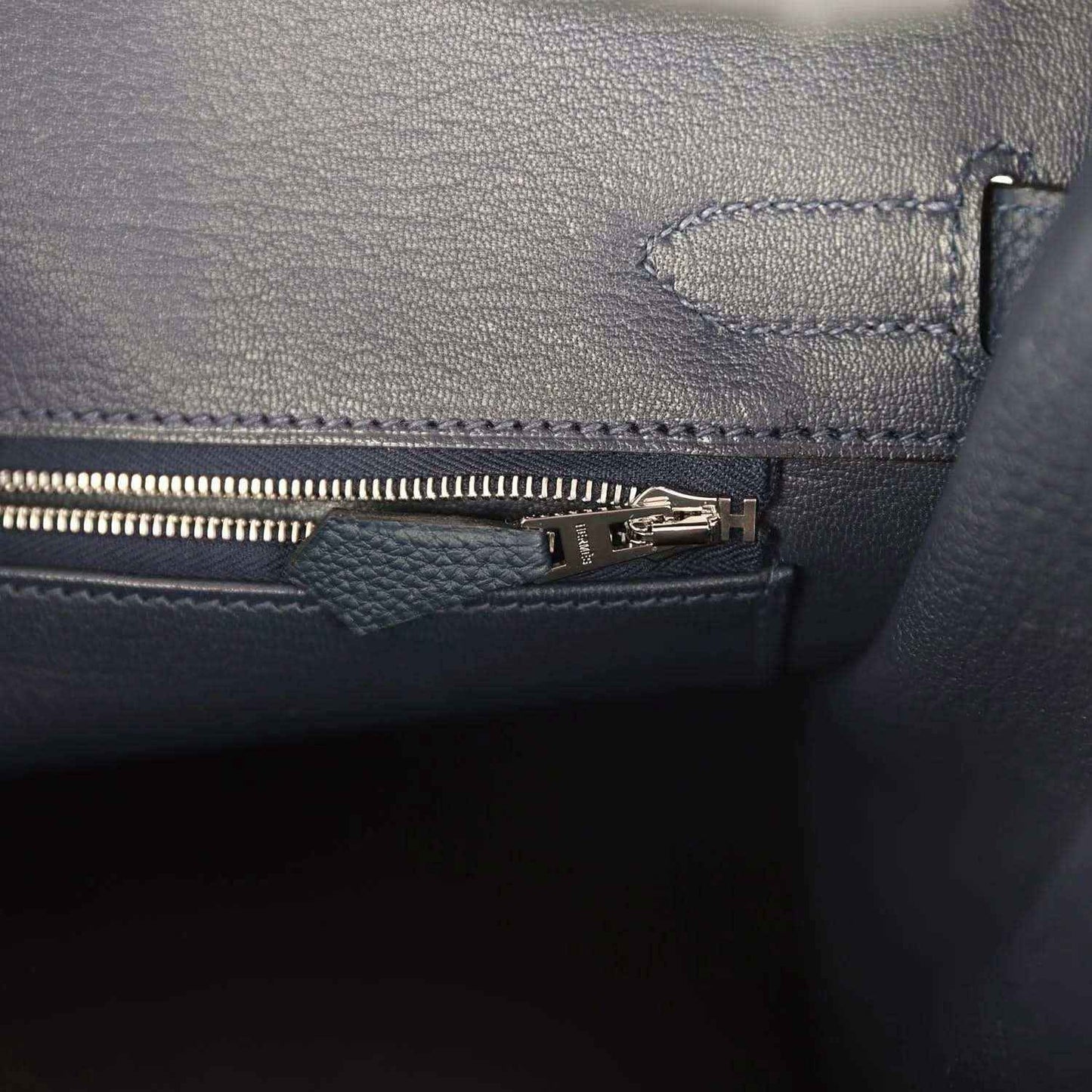 Blue leather Birkin 30 handbag interior pocket with zip pull and stitching
