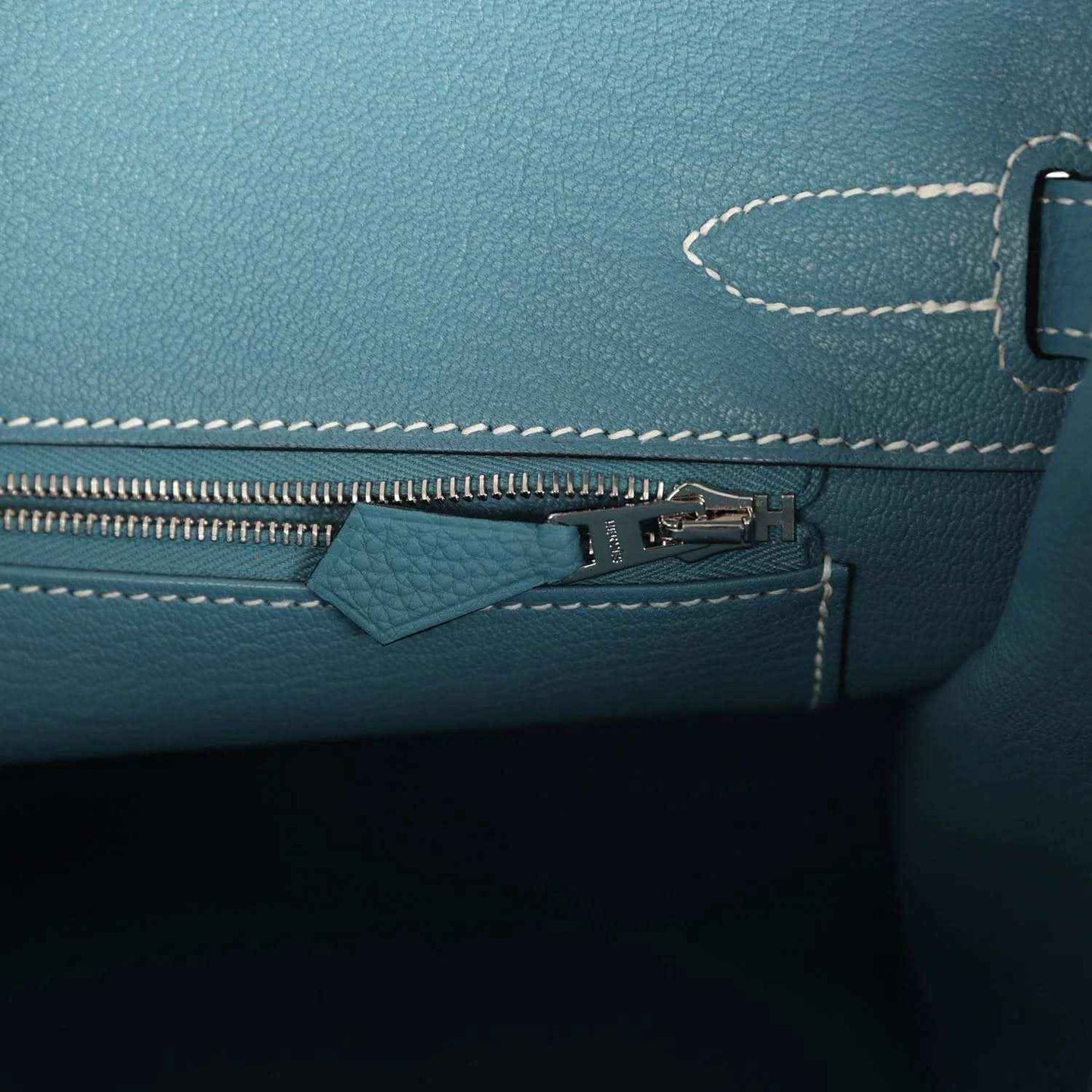 Hermes Birkin 30 handbag interior zipper pocket with blue leather tab and stitching