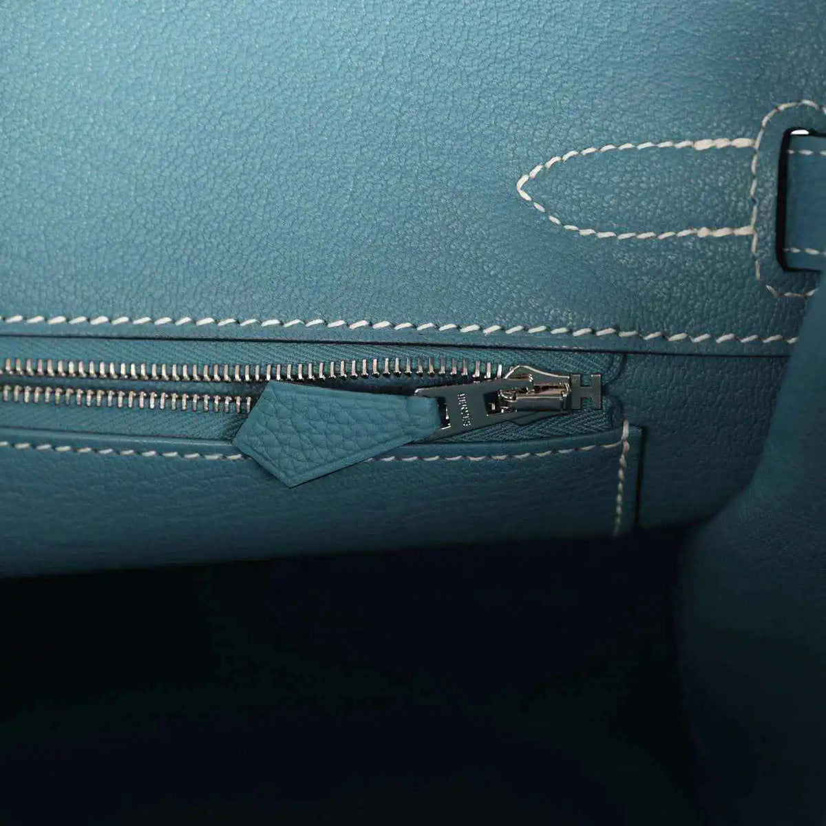 Hermes Birkin 30 handbag interior zipper pocket with blue leather tab and stitching