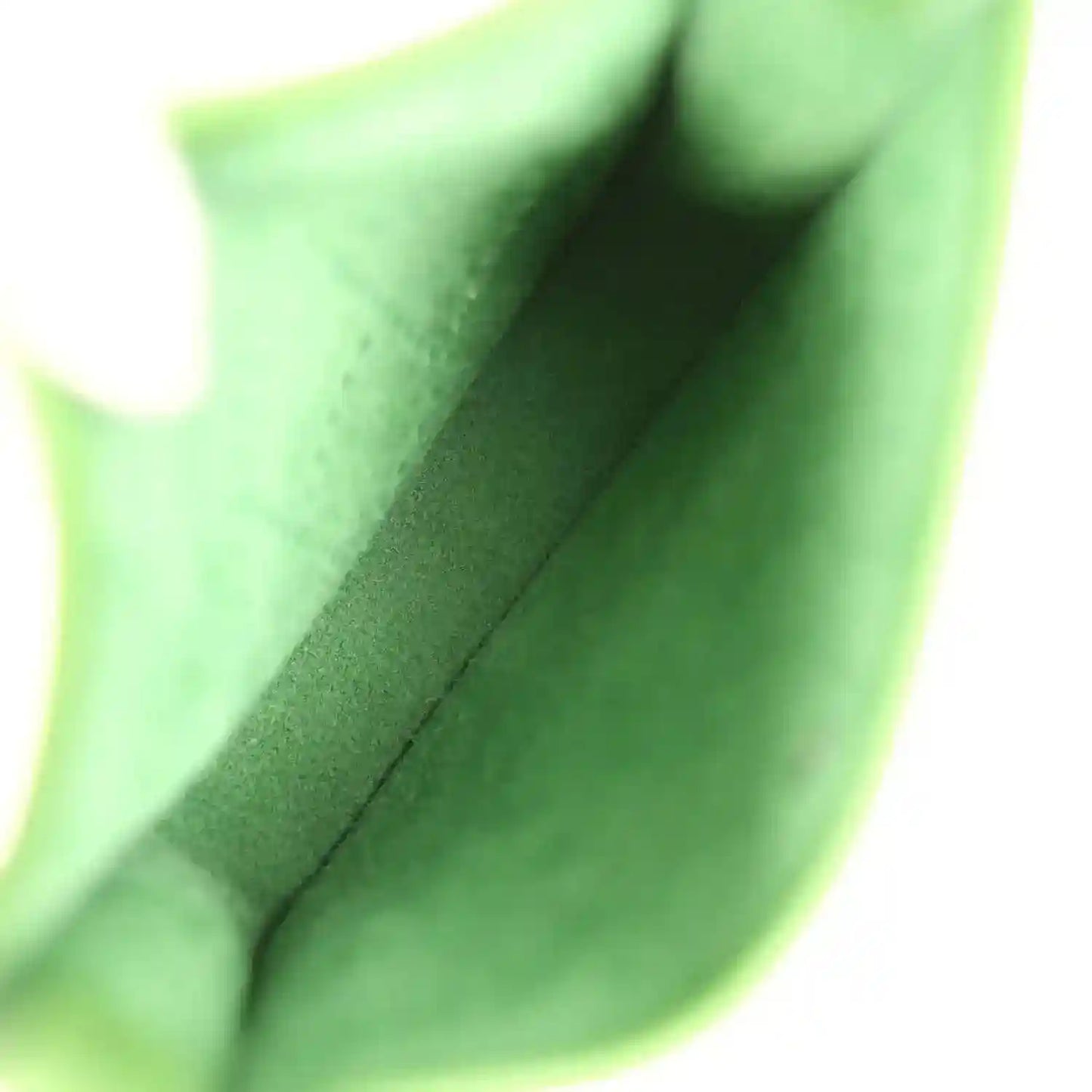 Green leather interior of Evelyne TPM bag with side seam and smooth lining