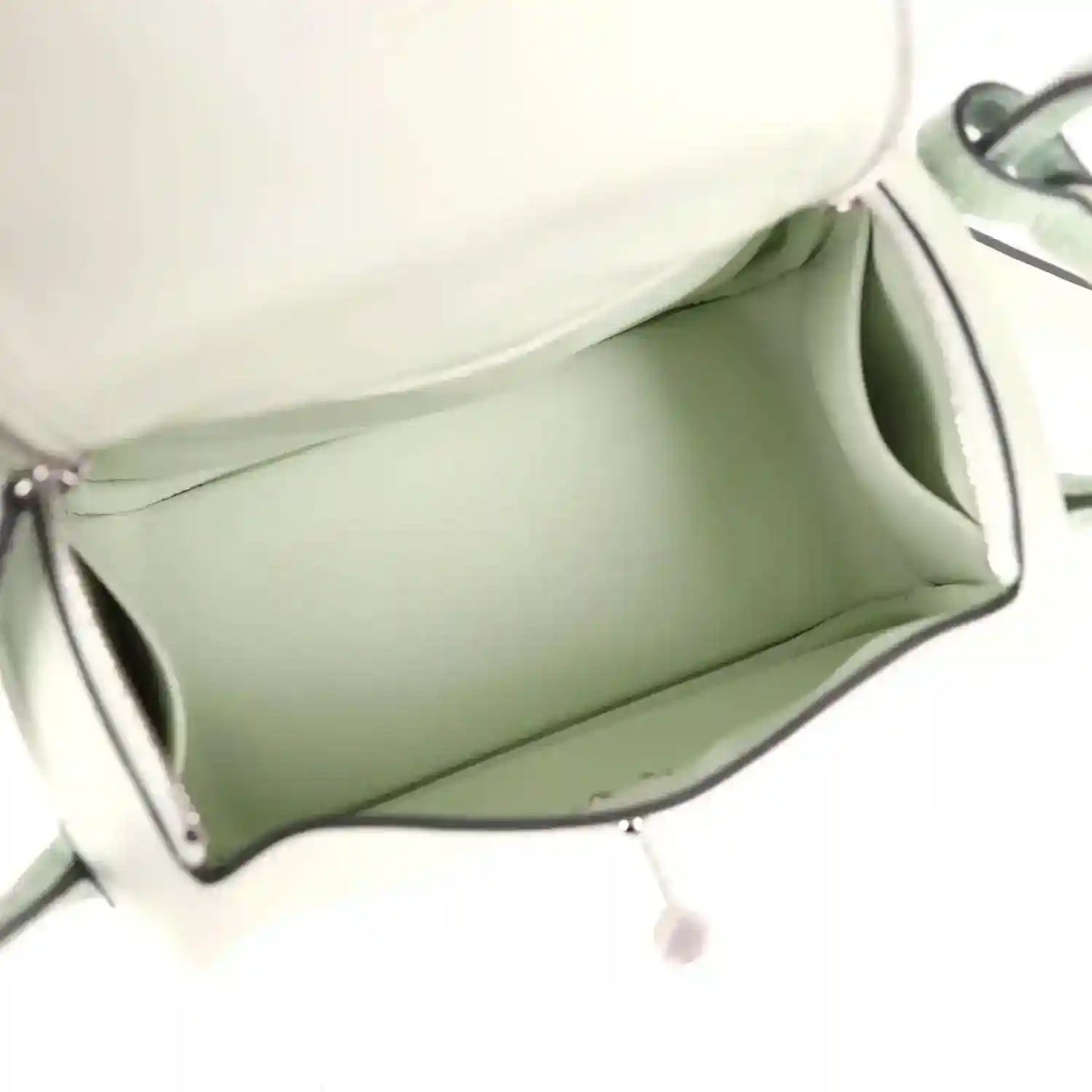 Mini Lindy bag interior in pale green leather, open top and silver-tone hardware