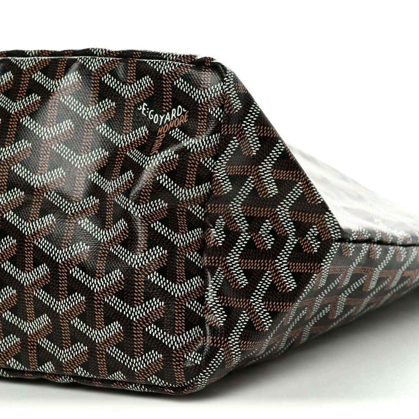 Black coated canvas tote bag with Goyardine pattern and rolled top edge
