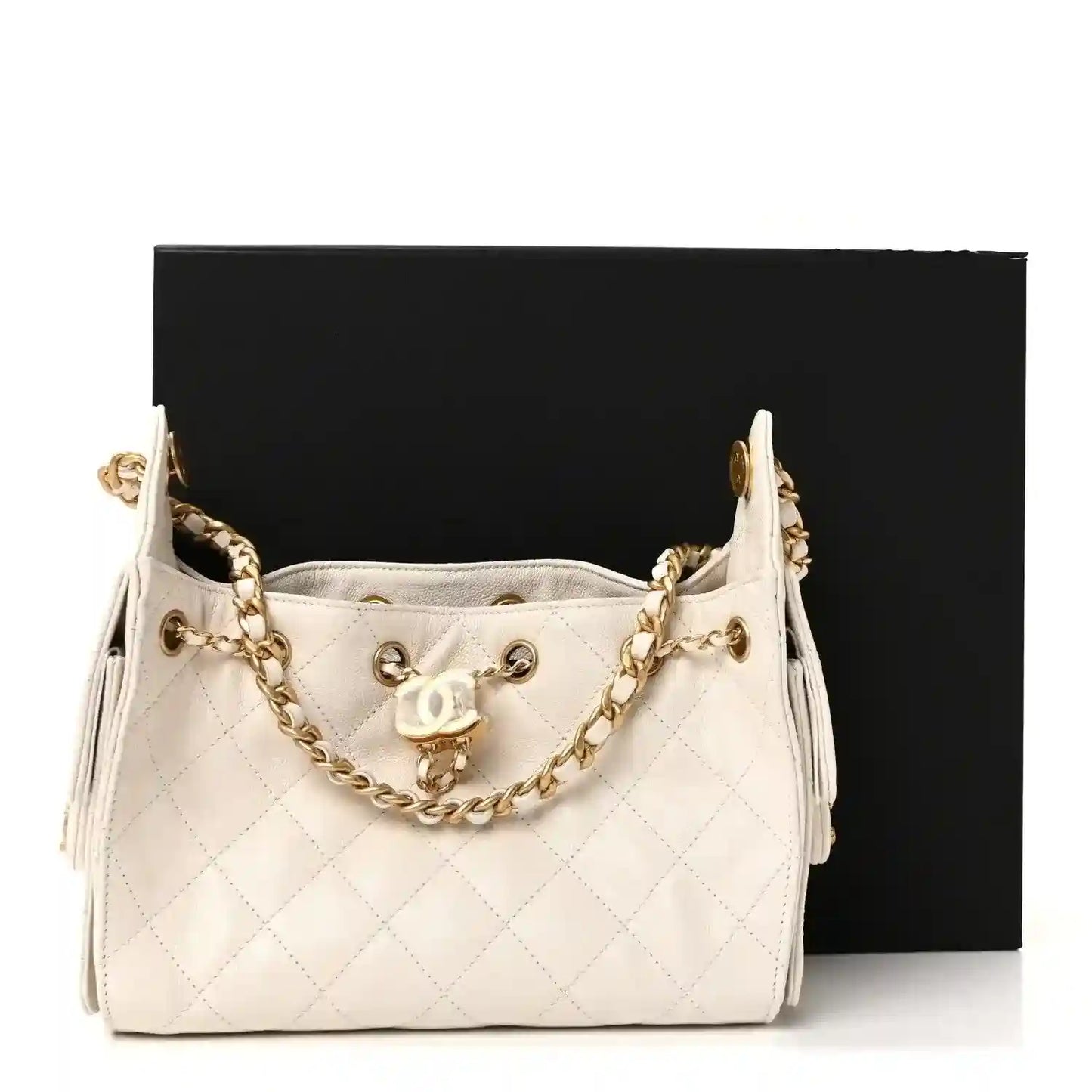 White quilted mini handbag with gold chain shoulder strap and CC turn-lock clasp