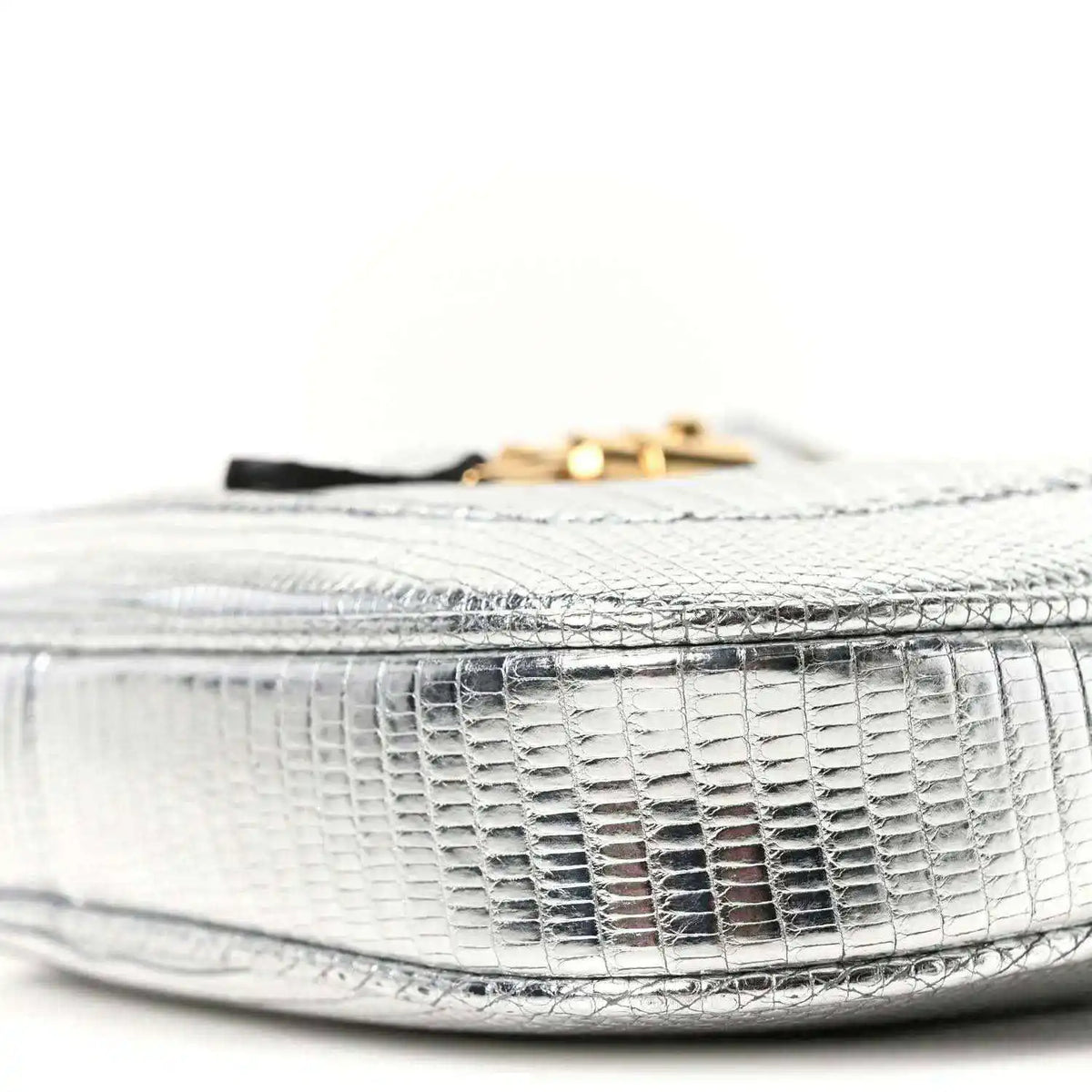 Silver lizard-effect mini shoulder bag top edge with gold-tone hardware