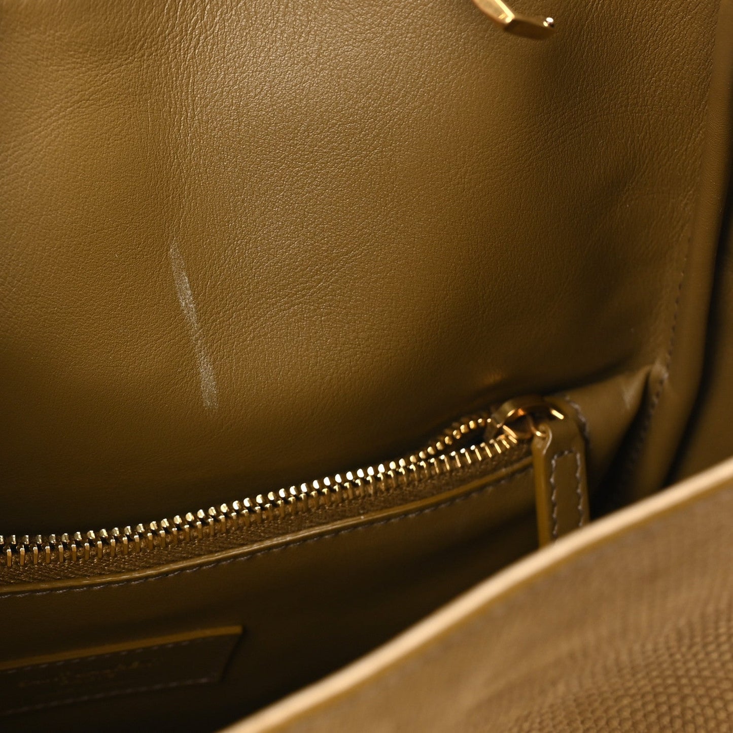 Small hobo bag interior view with gold zipper and stitched lizard-embossed lining