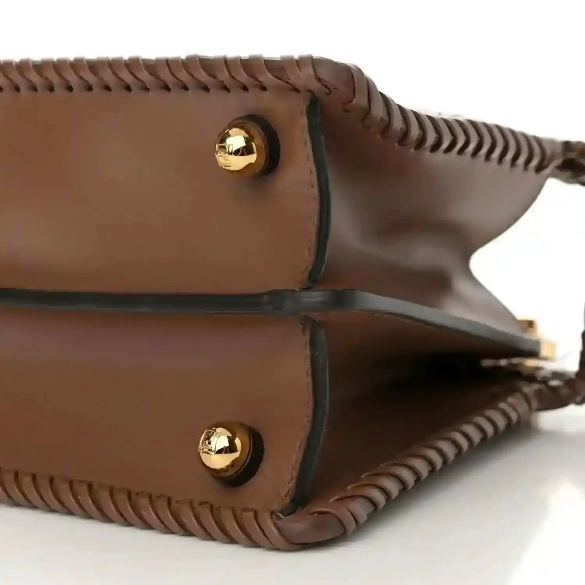 Gianduia woven leather satchel with flap, braided edges, gold snap hardware