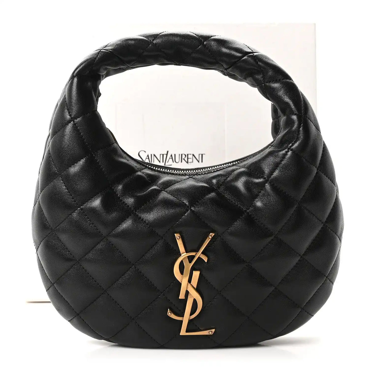 Black quilted leather hobo bag with top handle and gold YSL monogram