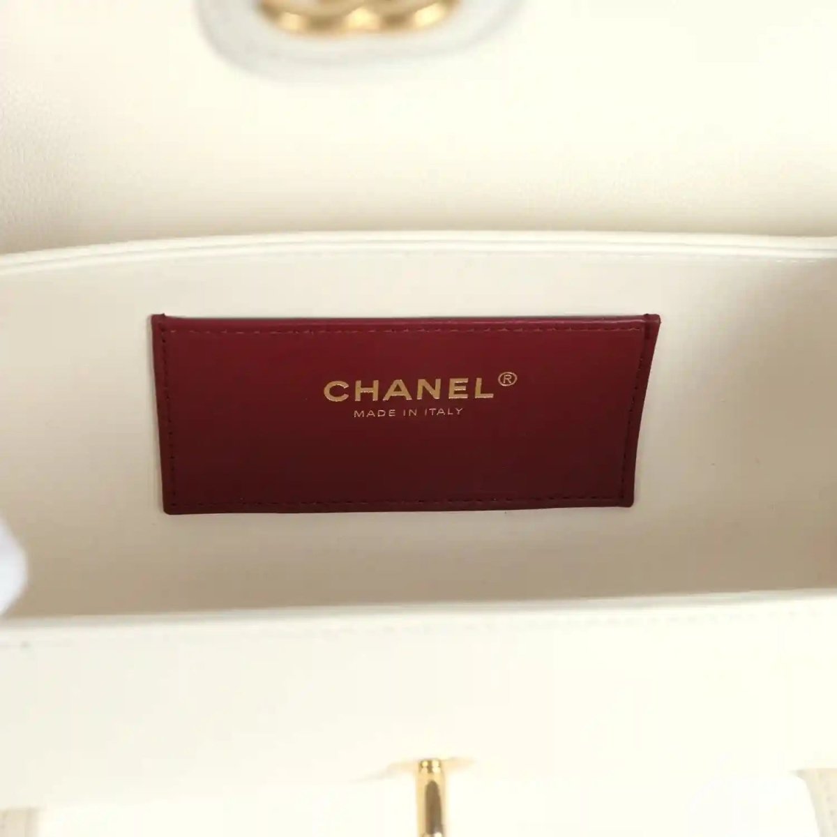 Chanel preppy bowling bag, burgundy interior logo patch with gold lettering