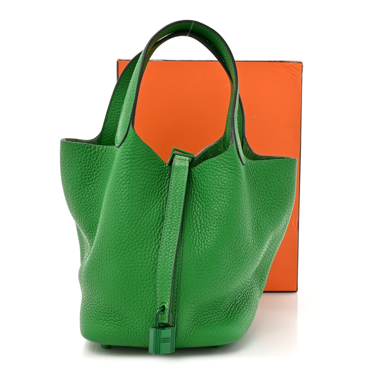 Green leather tote bag with top handles and front lock clasp, rounded bucket shape