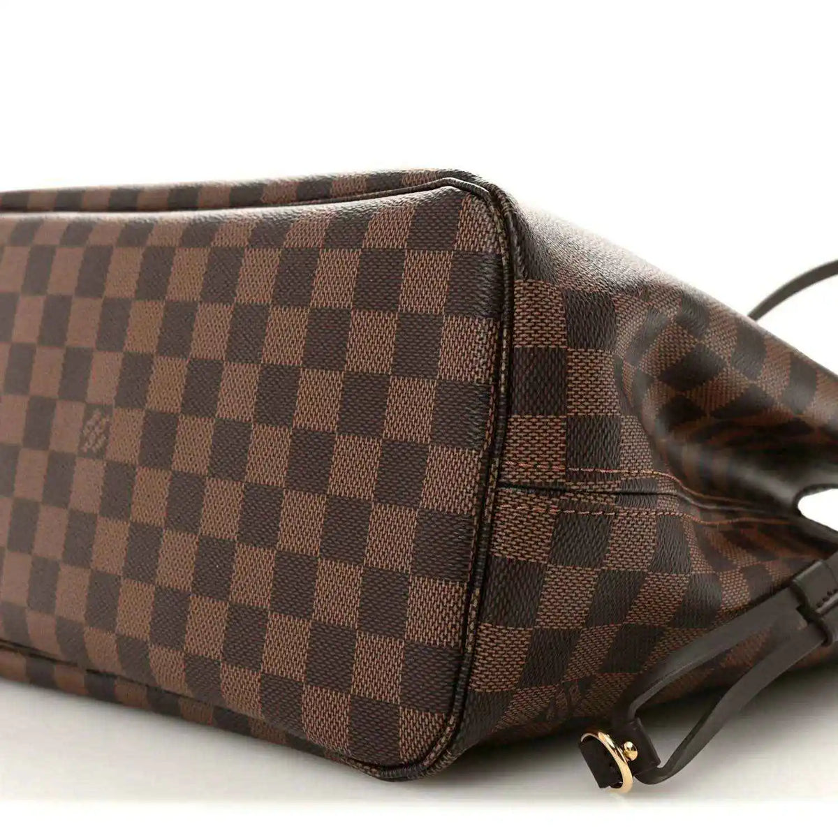 Damier Ebene cosmetic pouch end with zip pull and adjustable strap clasp