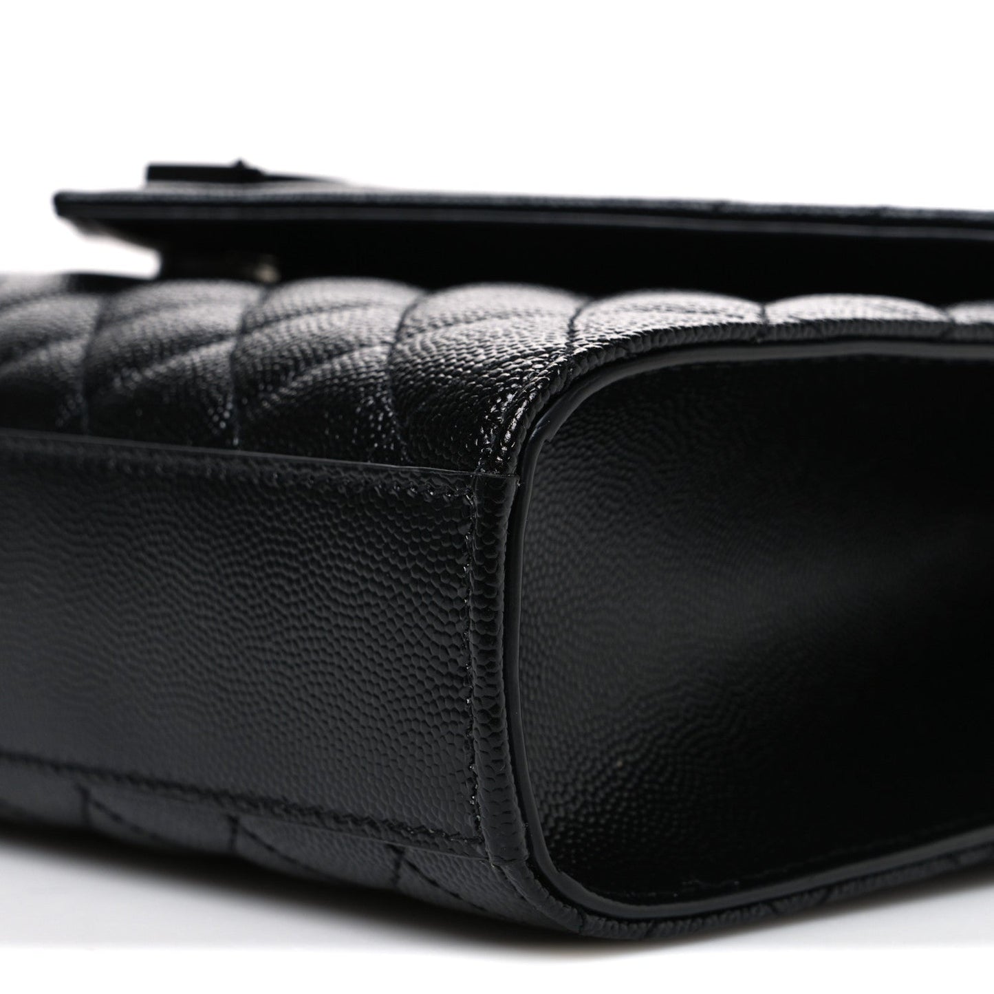 Saint Laurent black satchel side profile with rounded leather corner and trim stitching