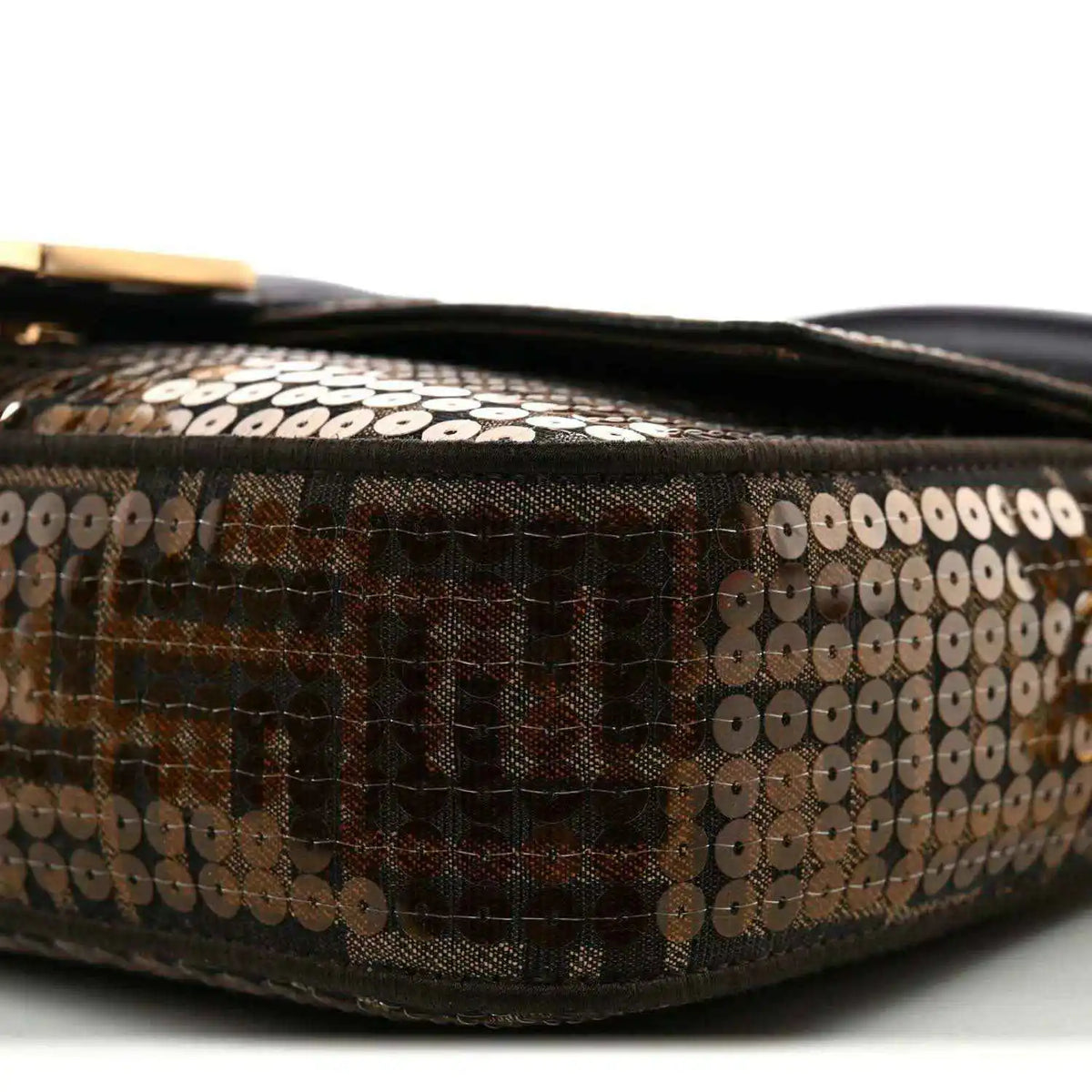 Fendi baguette bag side panel close-up with brown sequin jacquard and black trim