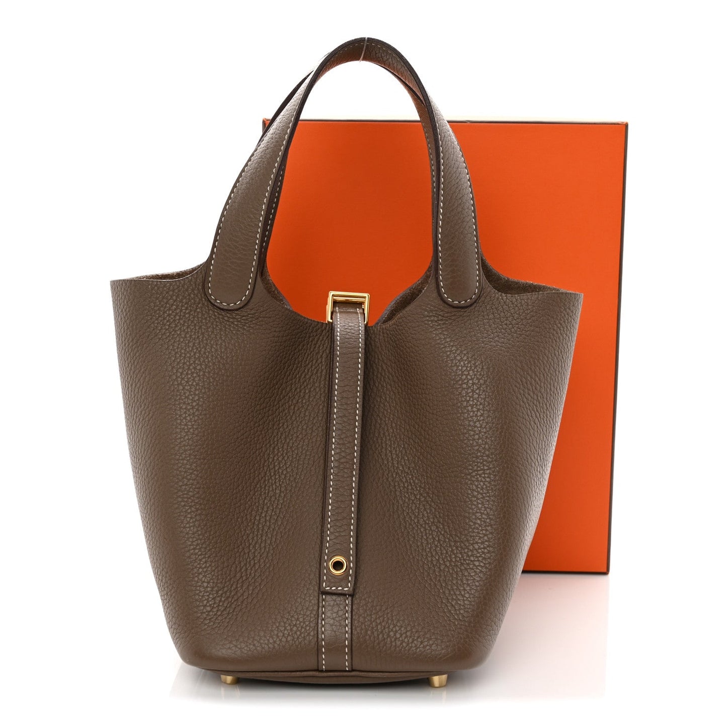 Taupe calfskin leather Picotin-style bucket bag with top lock and handles