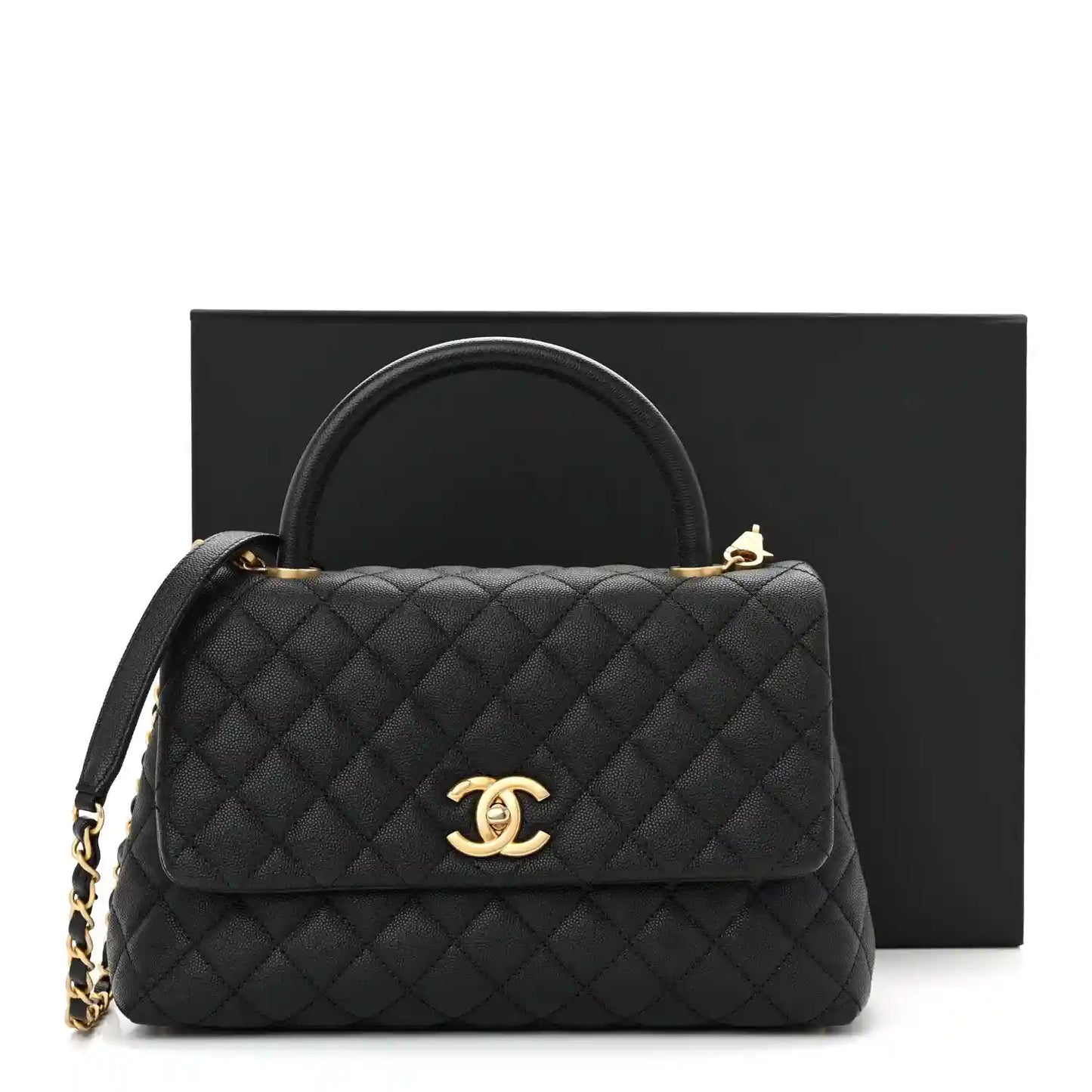 Black quilted caviar leather flap bag with CC logo, top handle and gold chain strap